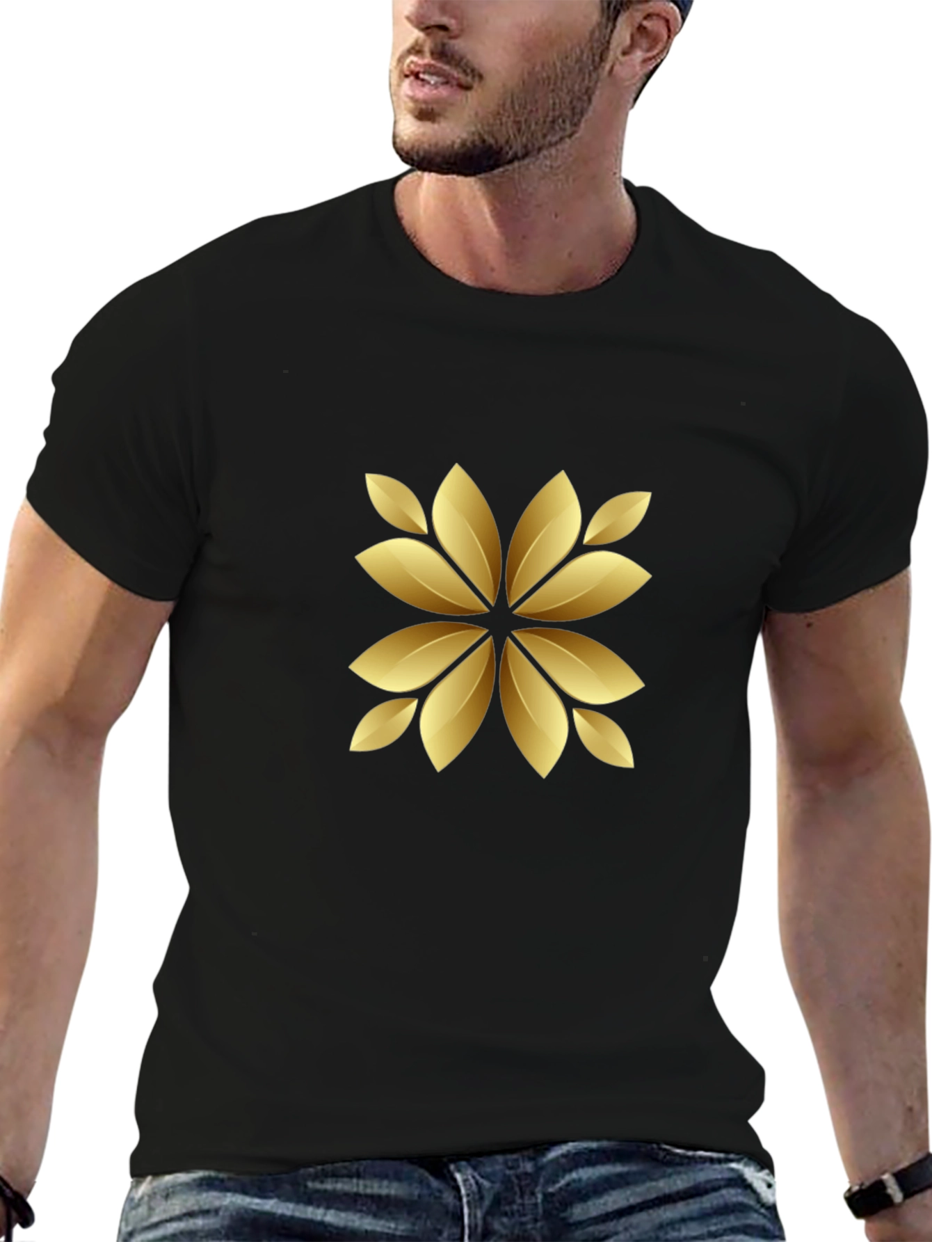 Elegant Black Tee with Golden Floral Design
