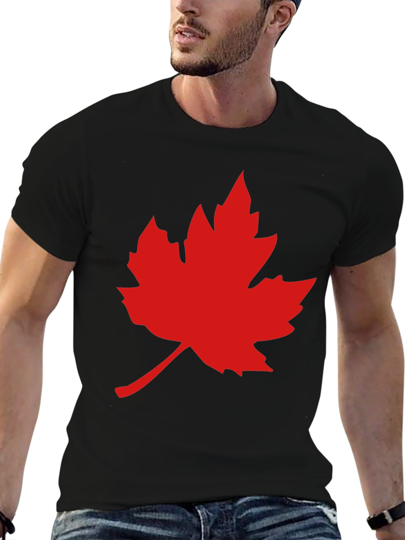 Red Maple Leaf on Black T-Shirt