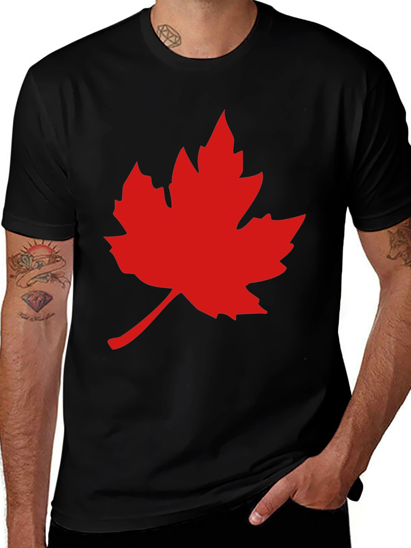 Red Maple Leaf on Black T-Shirt