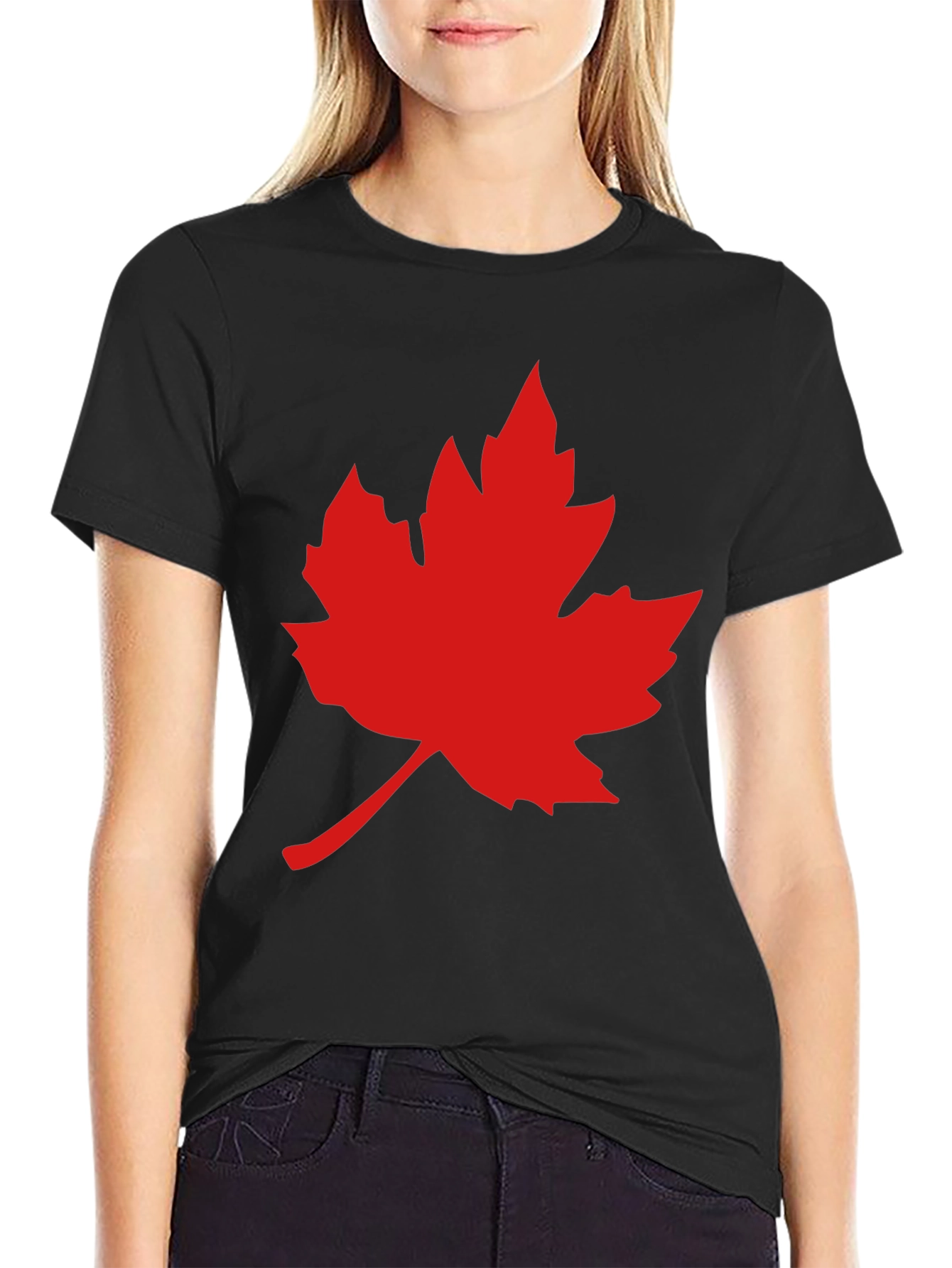 Red Maple Leaf on Black T-Shirt