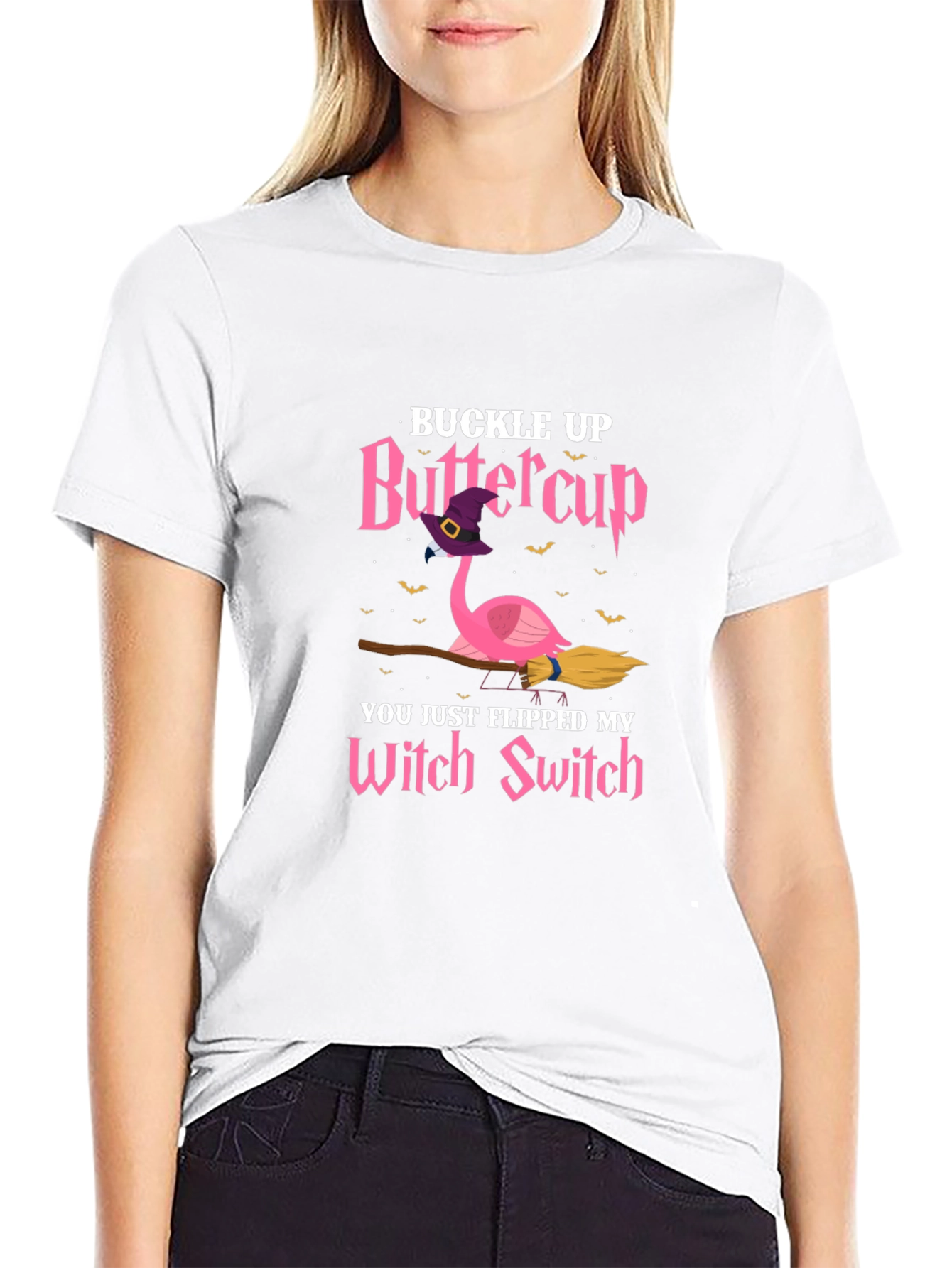 Buckle Up Buttercup Witch Flamingo T-Shirt
