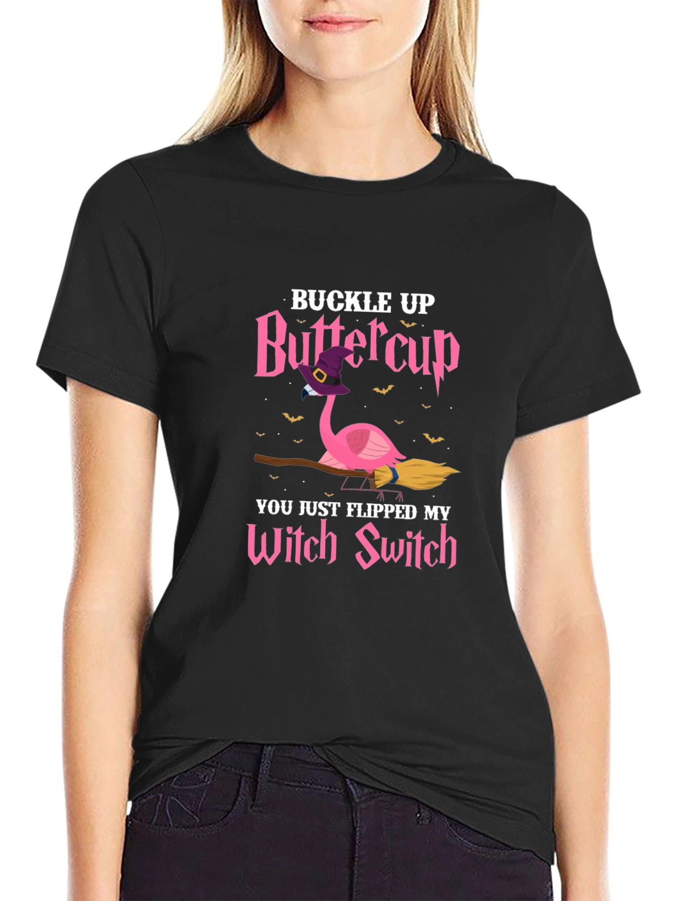 Buckle Up Buttercup Witch Flamingo T-Shirt