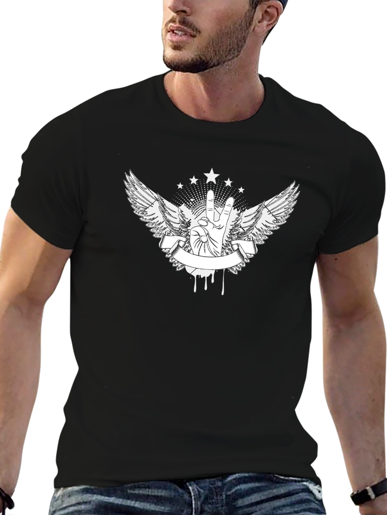 Edgy Peace Sign Wings Graphic Tee - Black