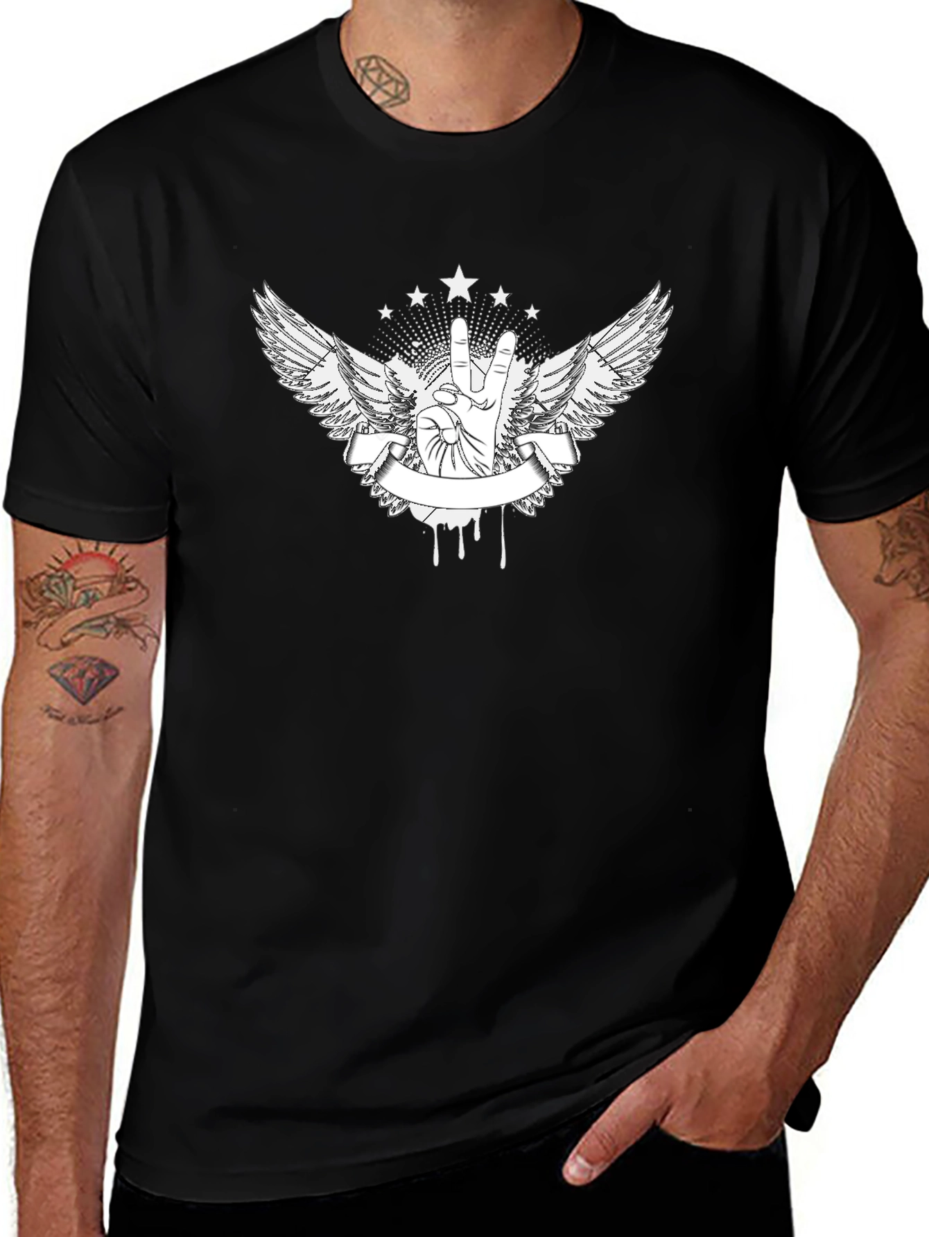 Edgy Peace Sign Wings Graphic Tee - Black