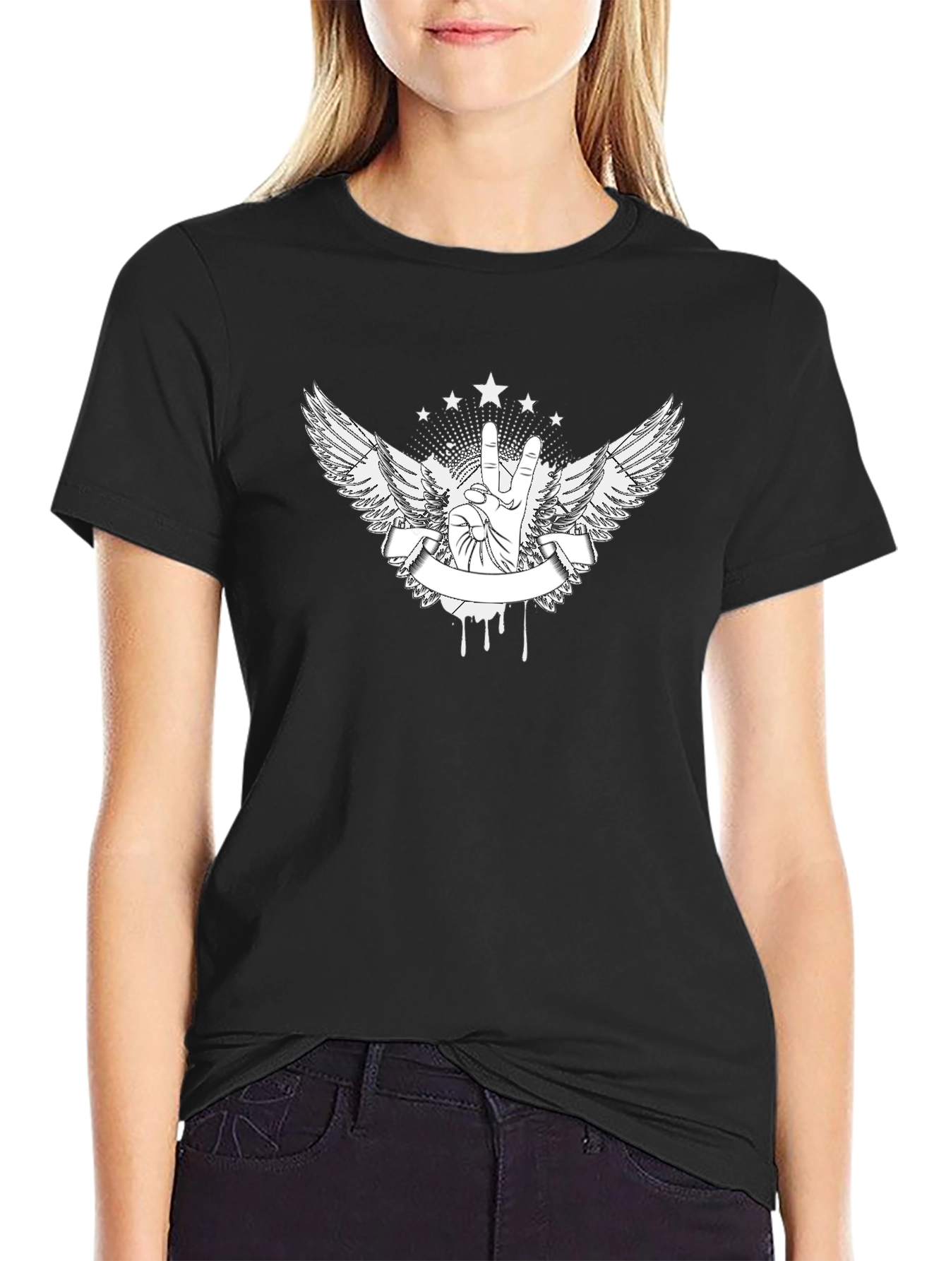 Edgy Peace Sign Wings Graphic Tee - Black