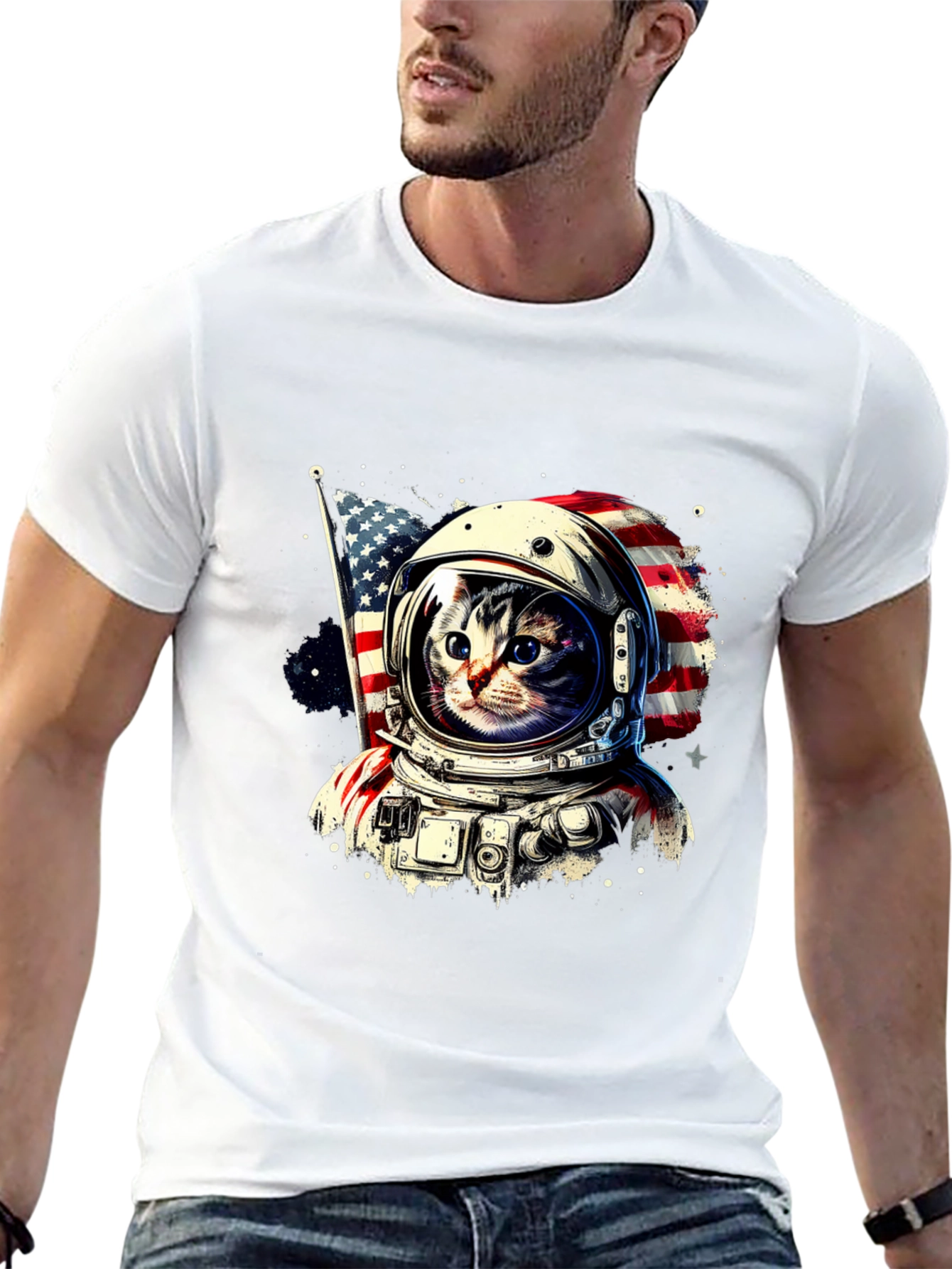 Astronaut Cat USA Flag Graphic T-Shirt