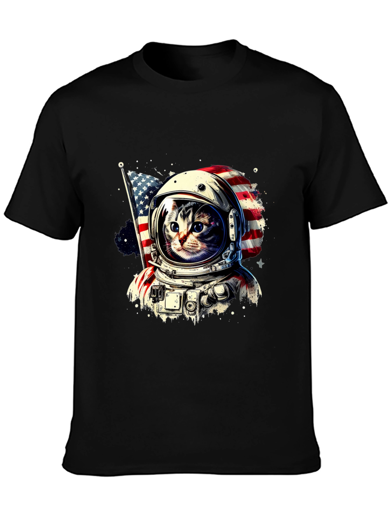 Astronaut Cat USA Flag Graphic T-Shirt