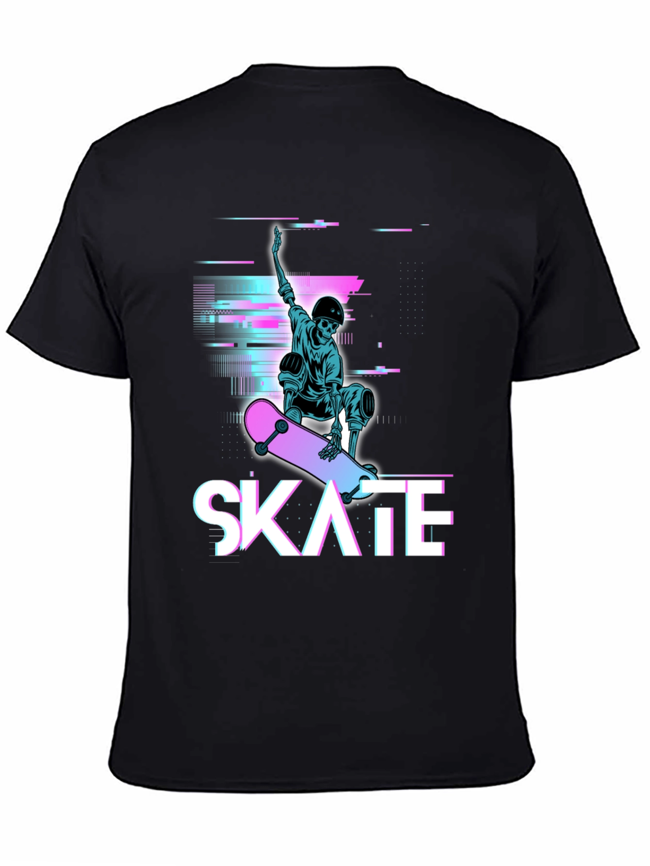 Skate Skeleton Graphic Tee - Cool Glitch Style T-Shirt