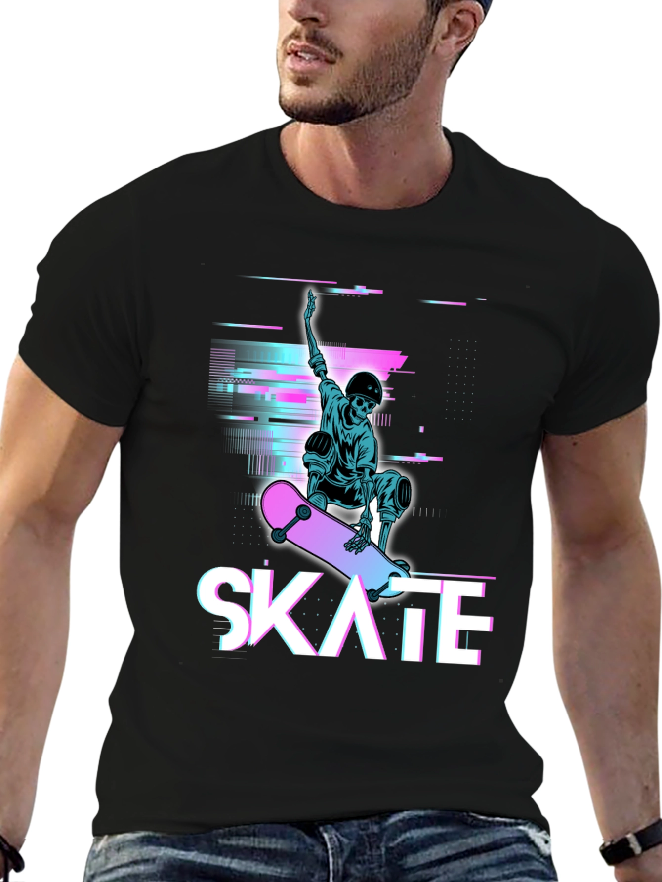 Skate Skeleton Graphic Tee - Cool Glitch Style T-Shirt