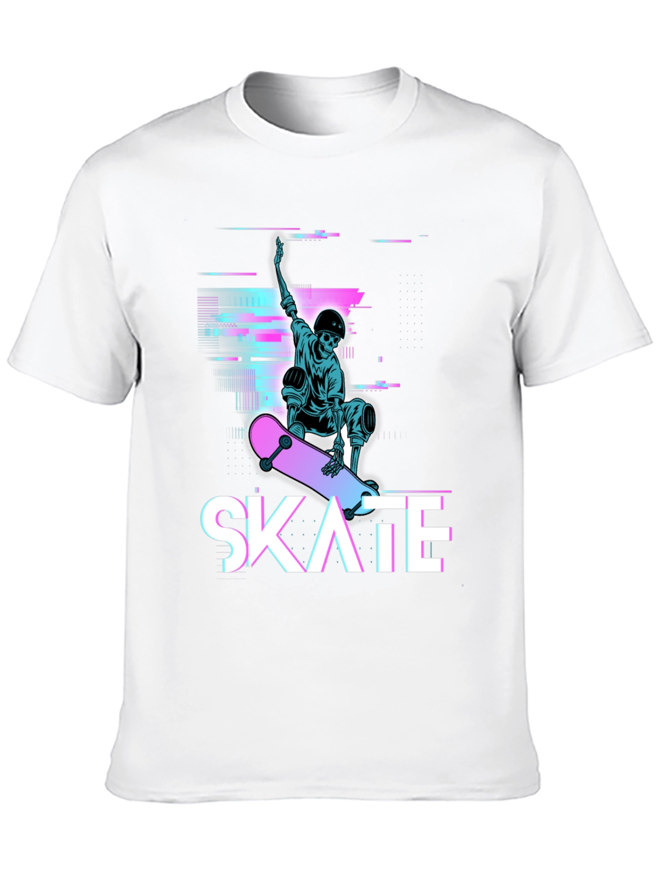 Skate Skeleton Graphic Tee - Cool Glitch Style T-Shirt