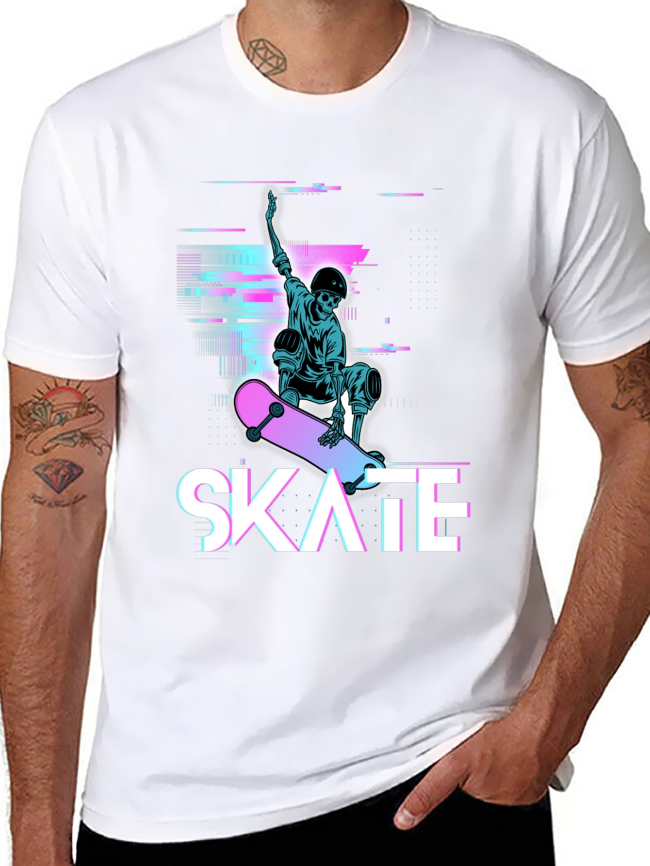 Skate Skeleton Graphic Tee - Cool Glitch Style T-Shirt