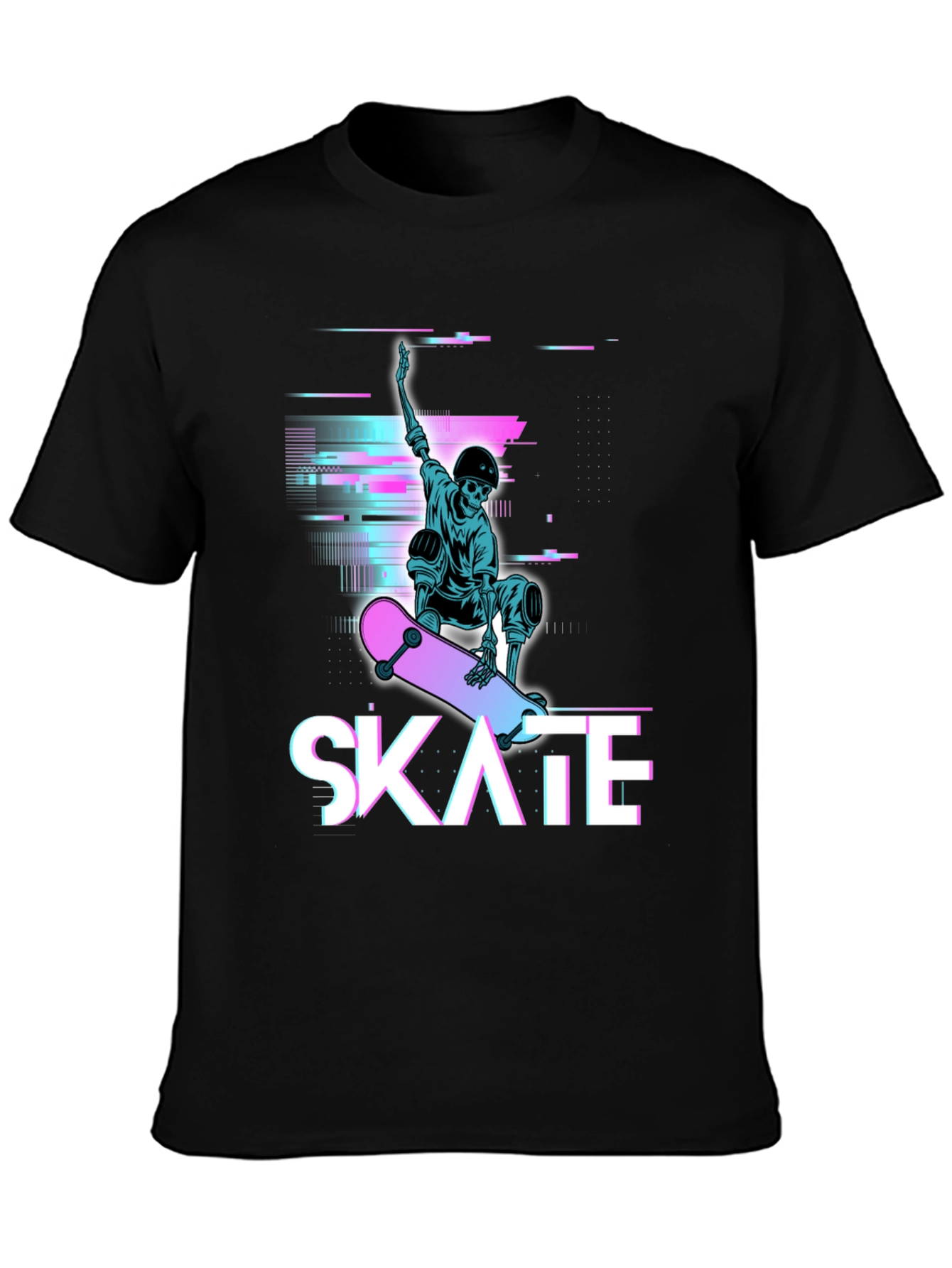 Skate Skeleton Graphic Tee - Cool Glitch Style T-Shirt