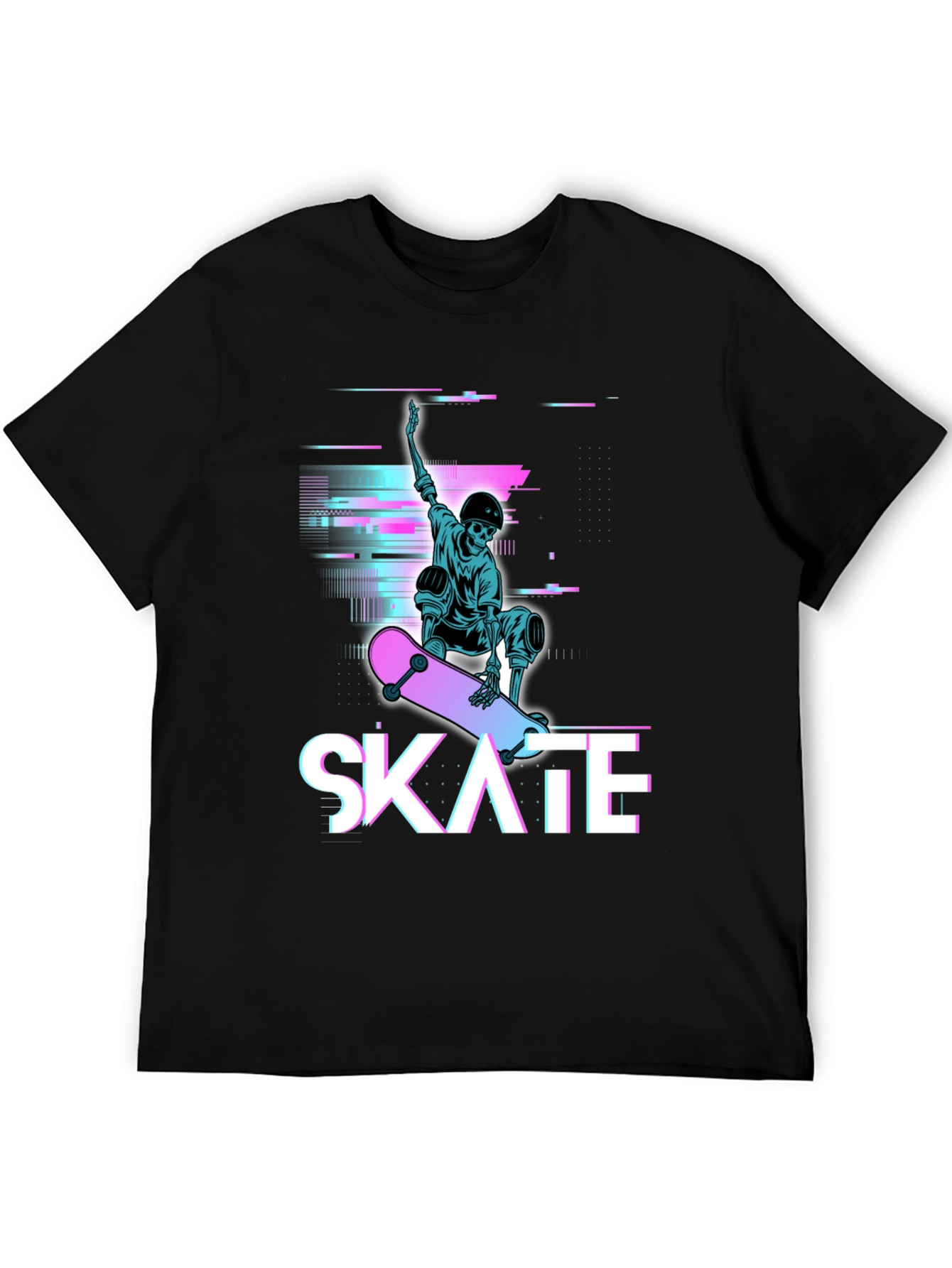 Skate Skeleton Graphic Tee - Cool Glitch Style T-Shirt