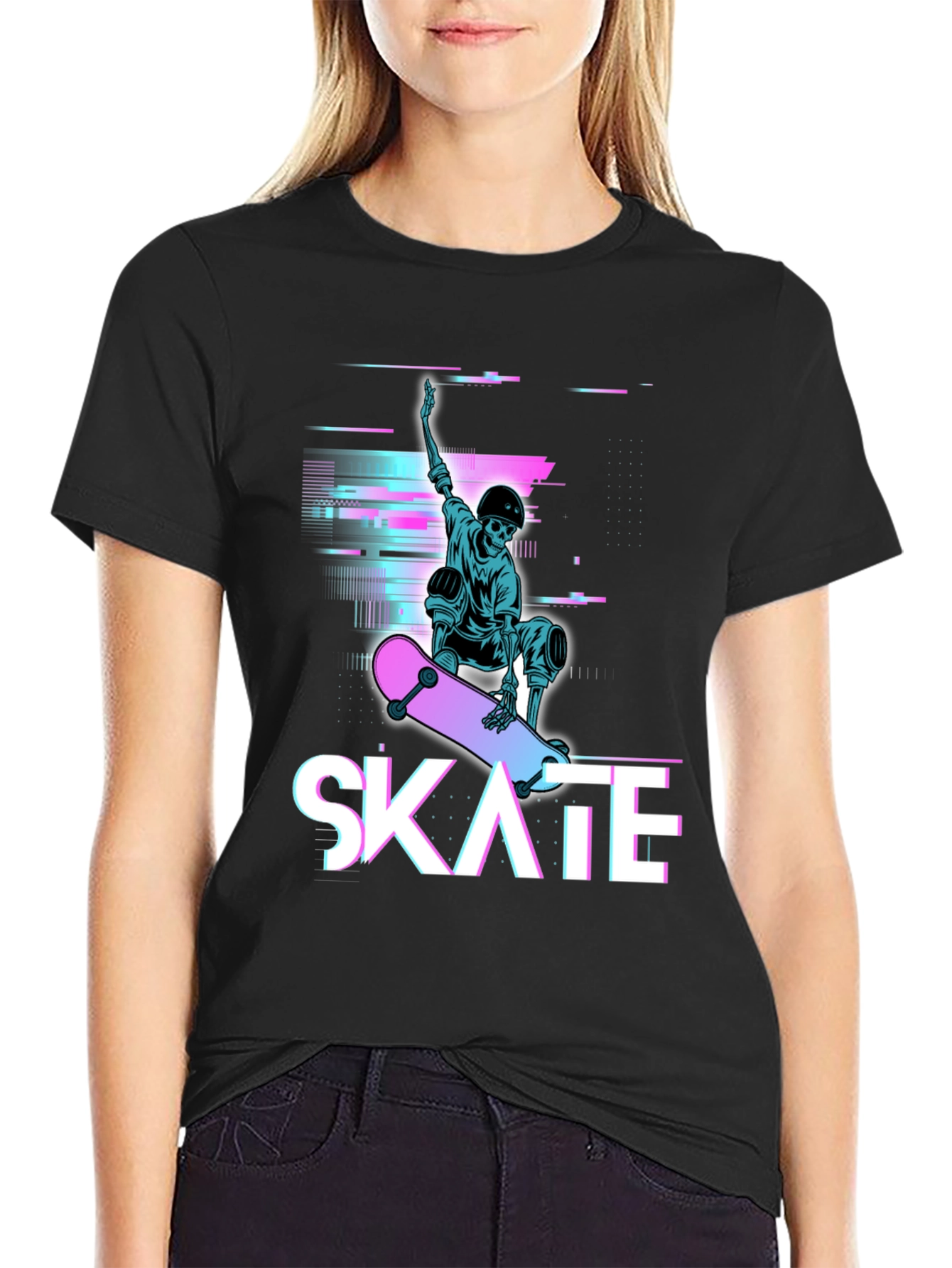 Skate Skeleton Graphic Tee - Cool Glitch Style T-Shirt