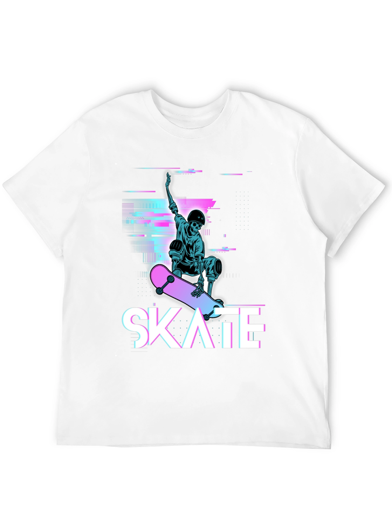 Skate Skeleton Graphic Tee - Cool Glitch Style T-Shirt