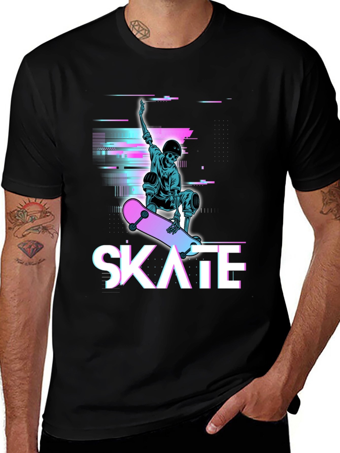 Skate Skeleton Graphic Tee - Cool Glitch Style T-Shirt