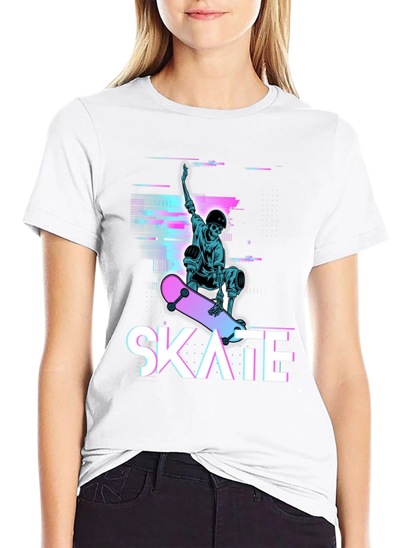 Skate Skeleton Graphic Tee - Cool Glitch Style T-Shirt