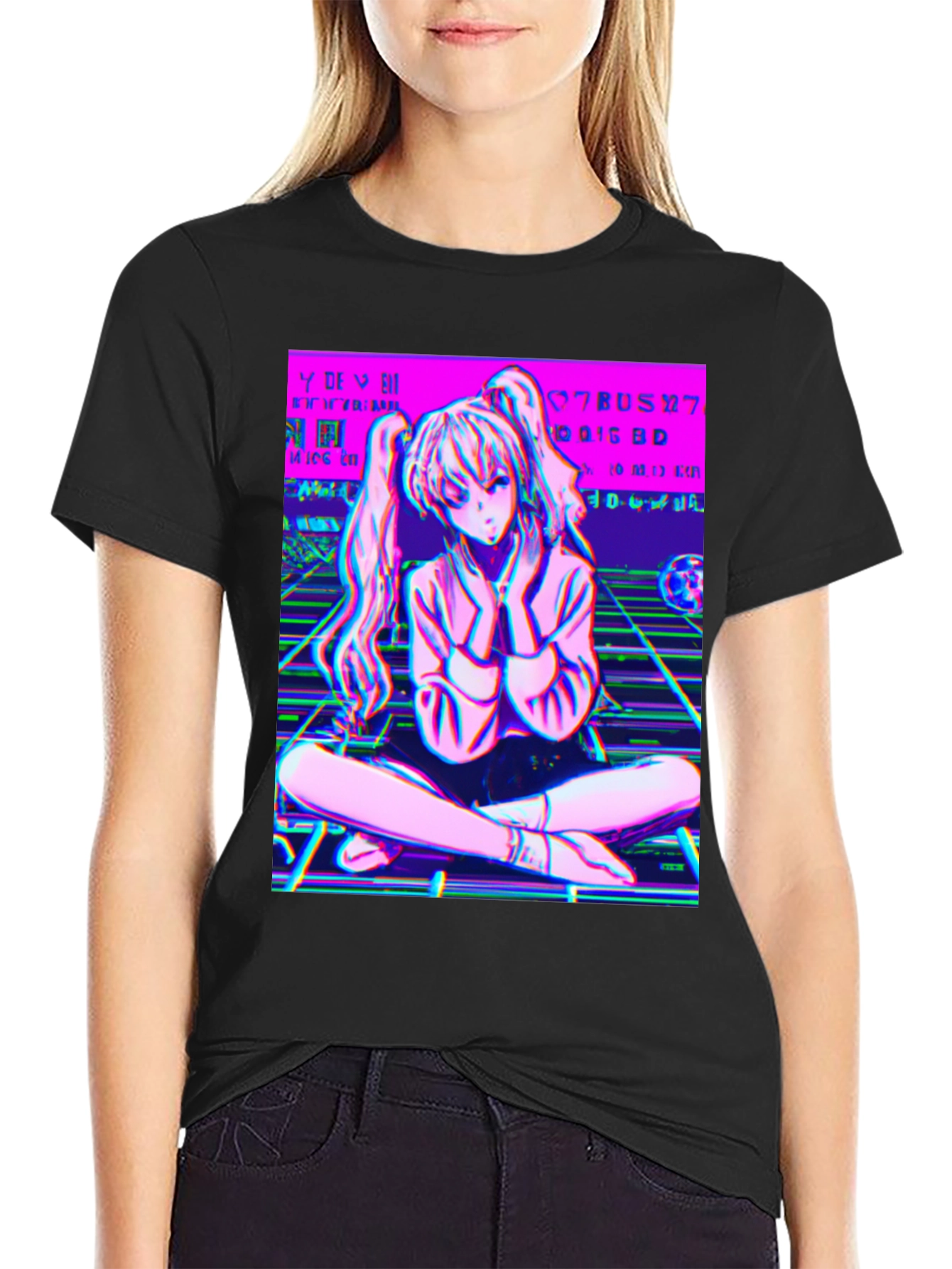 Anime Girl Glitch Art T-Shirt - Vaporwave Aesthetic