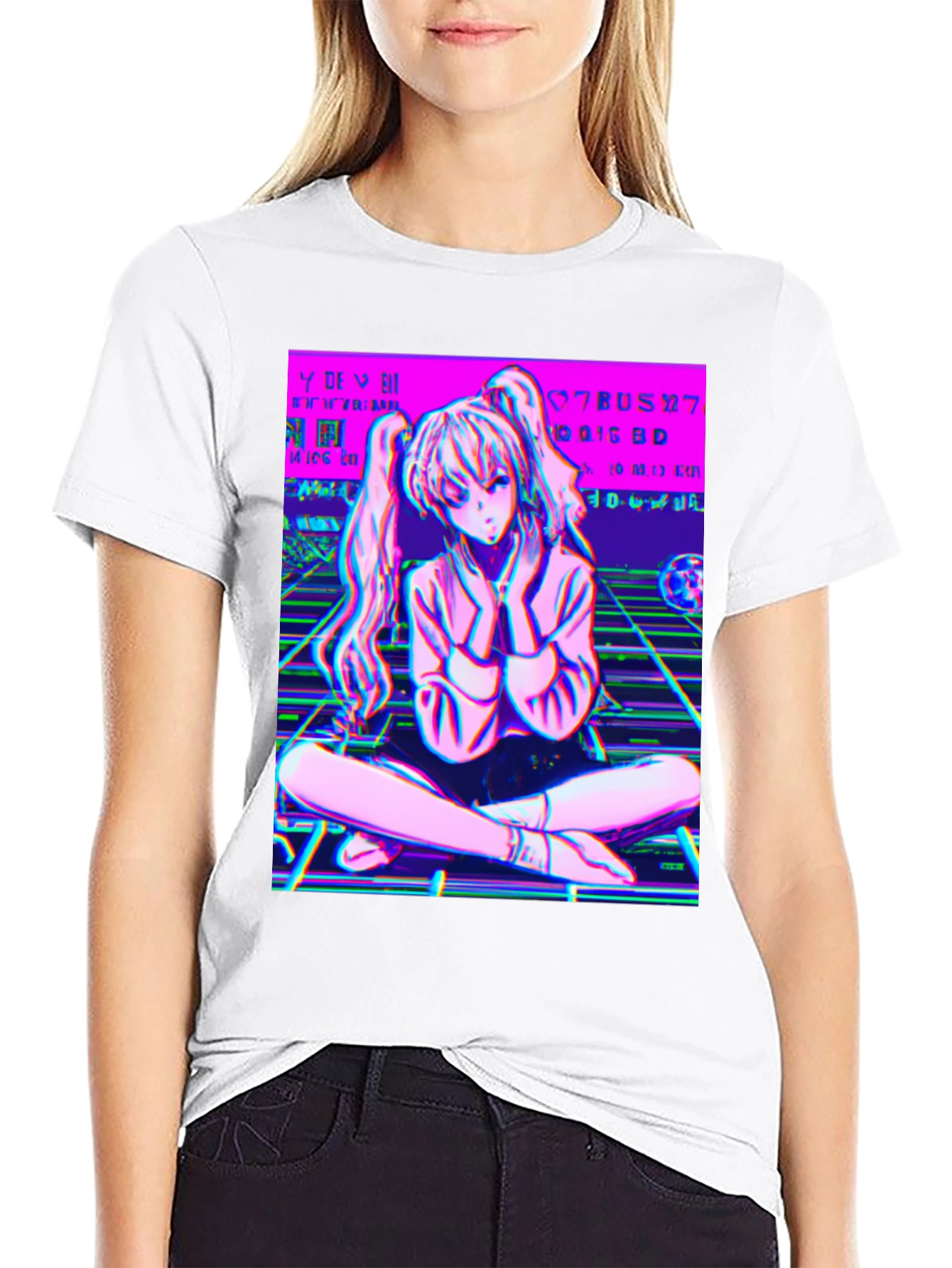 Anime Girl Glitch Art T-Shirt - Vaporwave Aesthetic