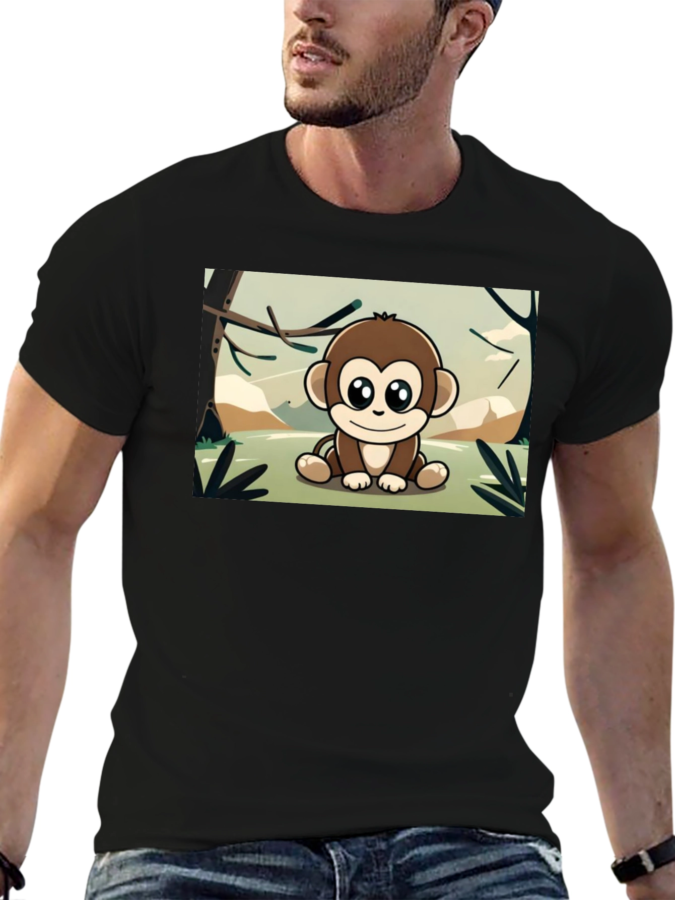 Cute Monkey Cartoon Graphic Tee - Soft Black T-Shirt