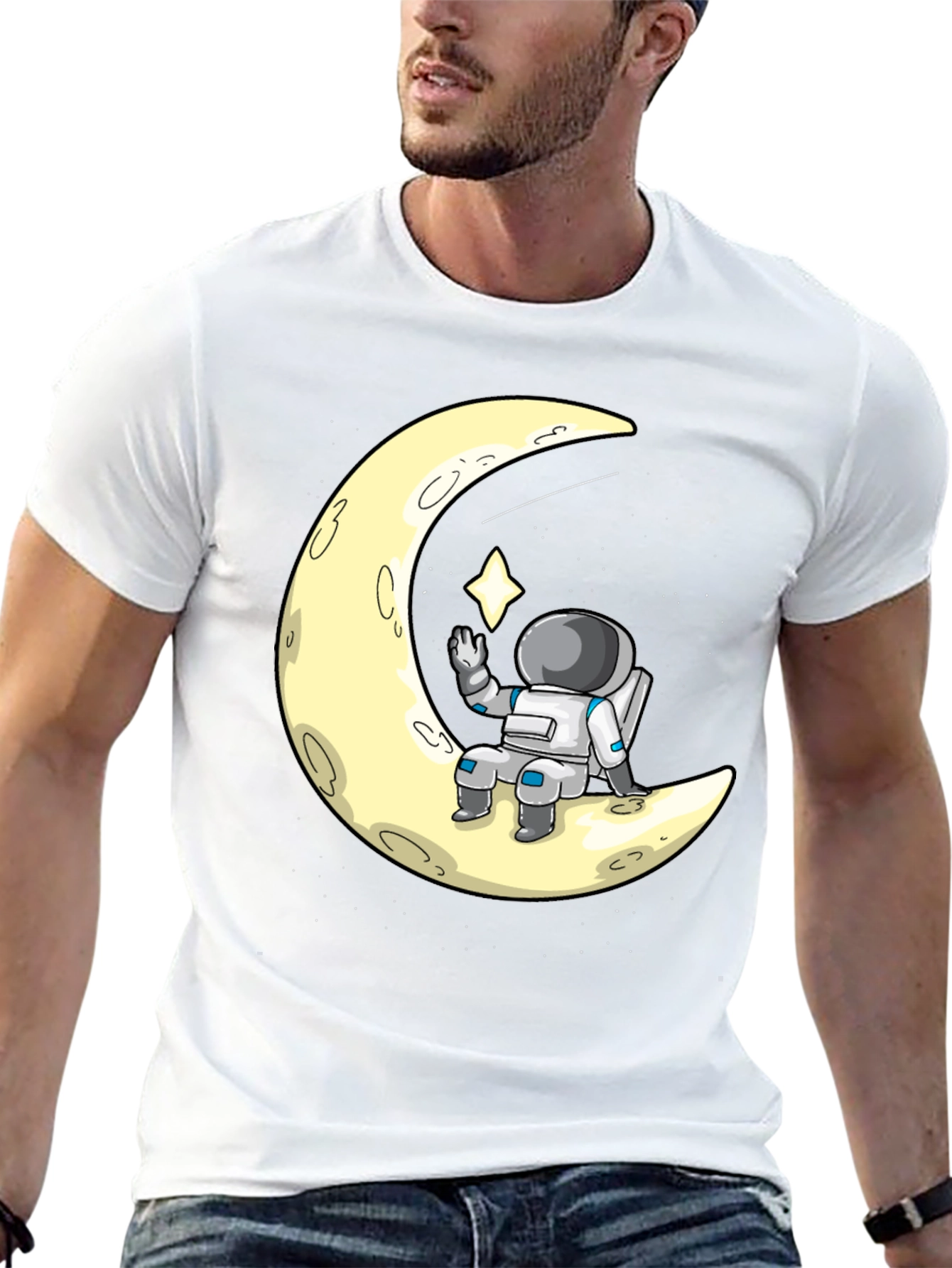Astronaut on Moon Graphic Tee - Black Cotton T-Shirt
