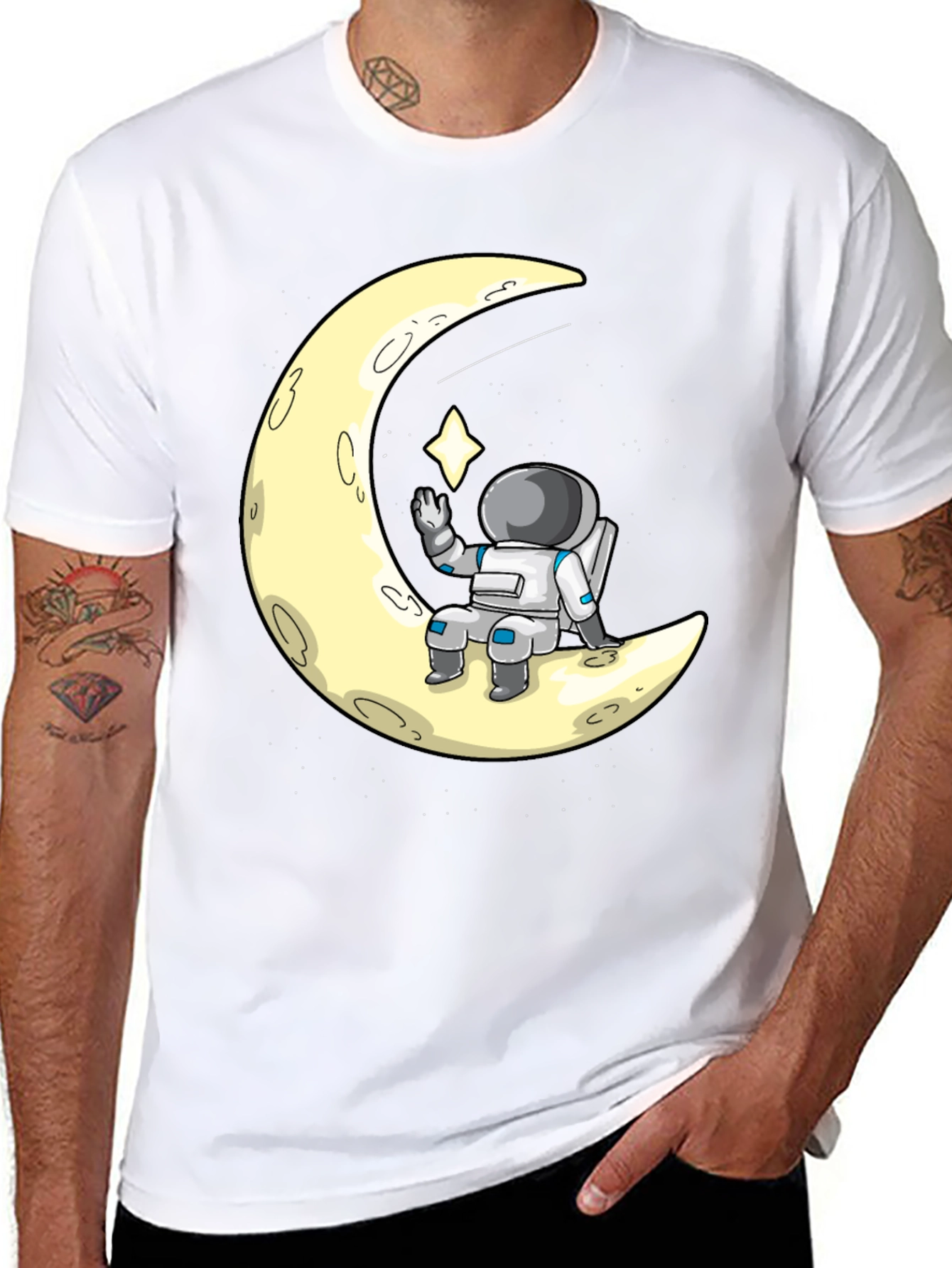 Astronaut on Moon Graphic Tee - Black Cotton T-Shirt