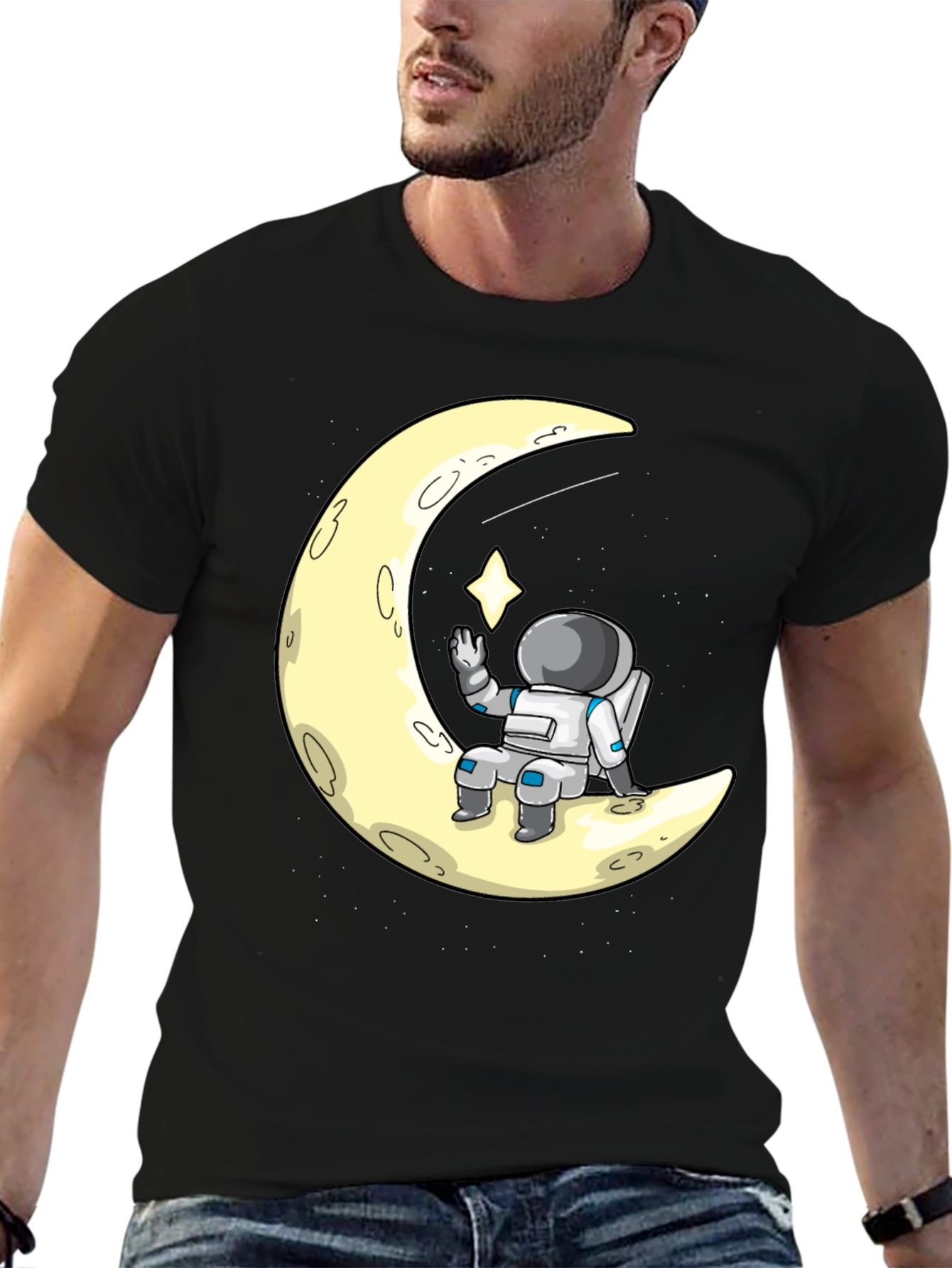 Astronaut on Moon Graphic Tee - Black Cotton T-Shirt