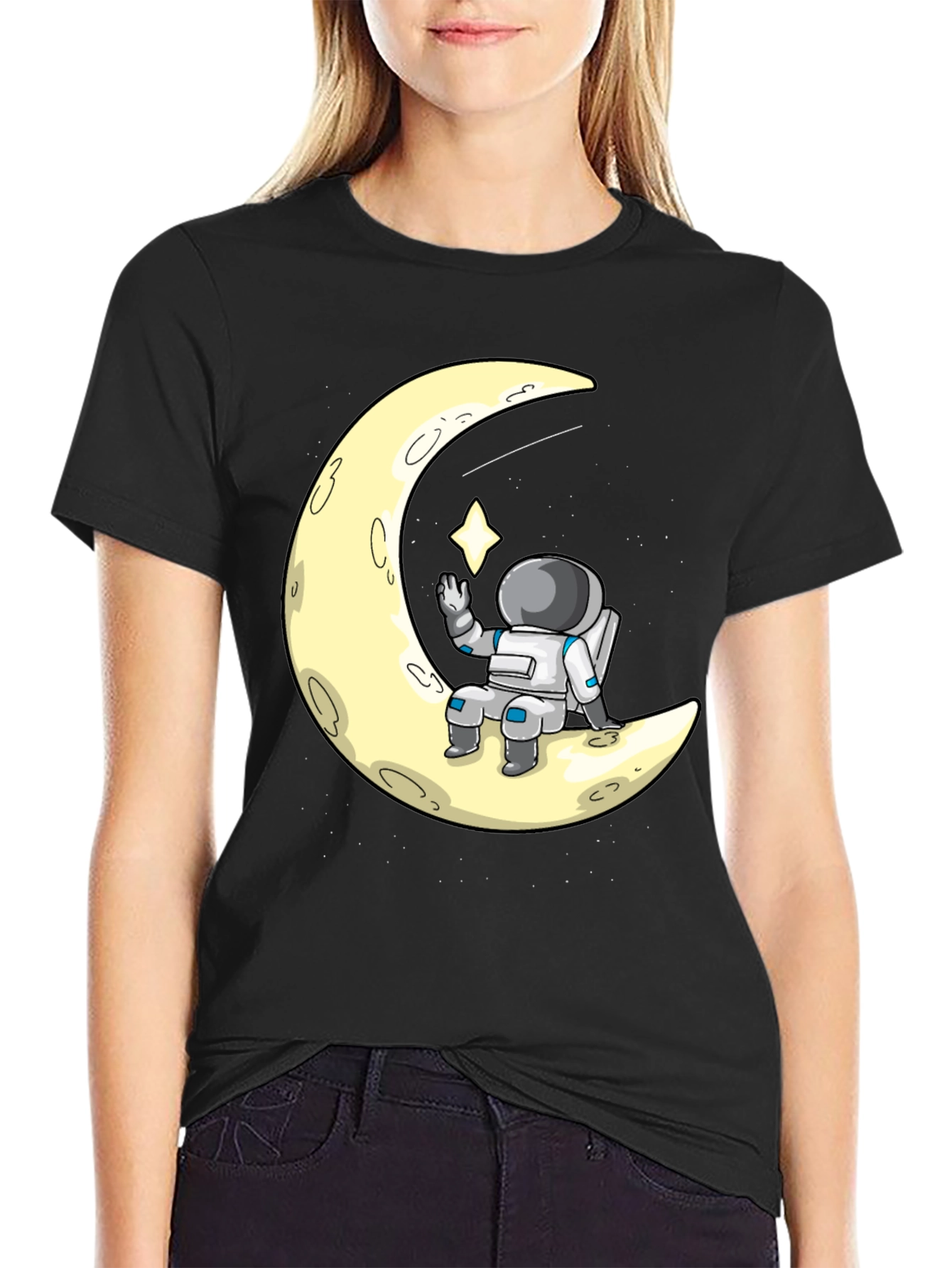 Astronaut on Moon Graphic Tee - Black Cotton T-Shirt
