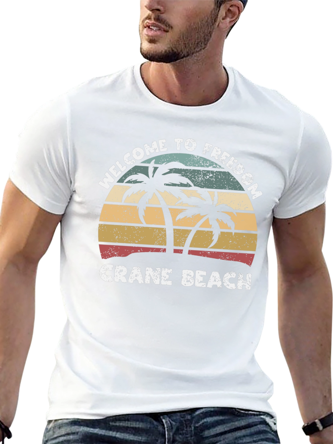 Crane Beach Welcome T-Shirt Retro Palm Tree Design