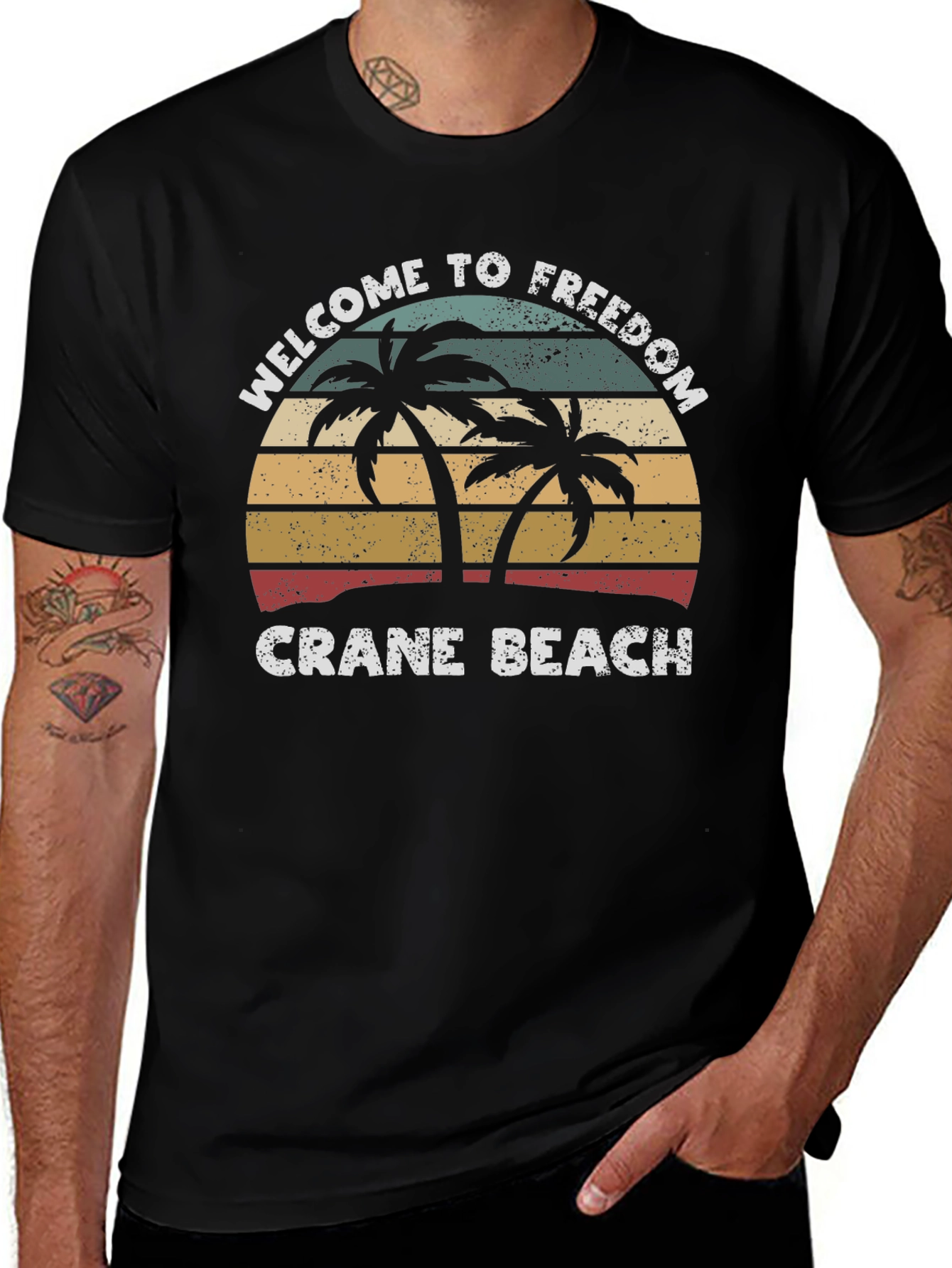 Crane Beach Welcome T-Shirt Retro Palm Tree Design
