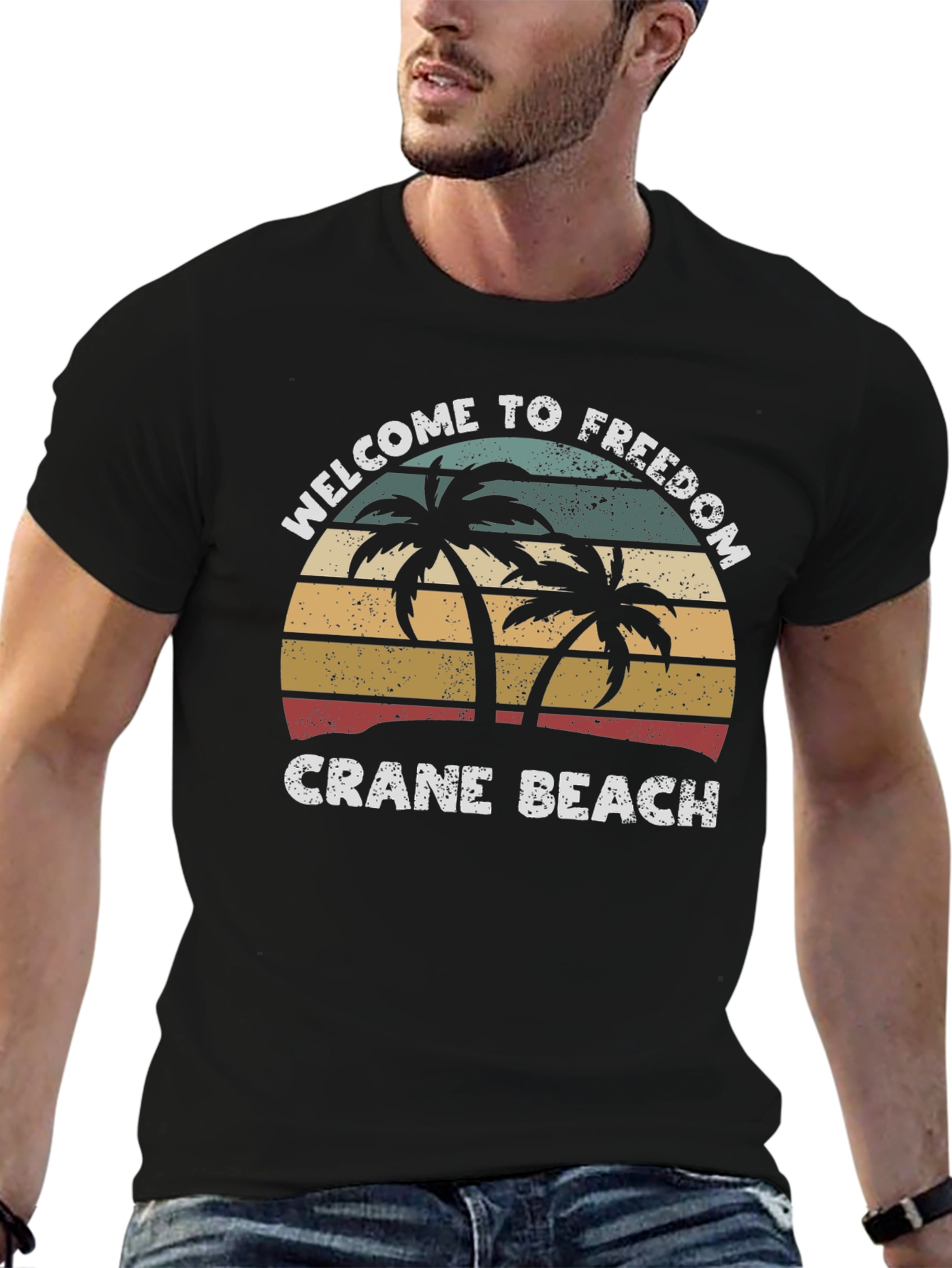 Crane Beach Welcome T-Shirt Retro Palm Tree Design