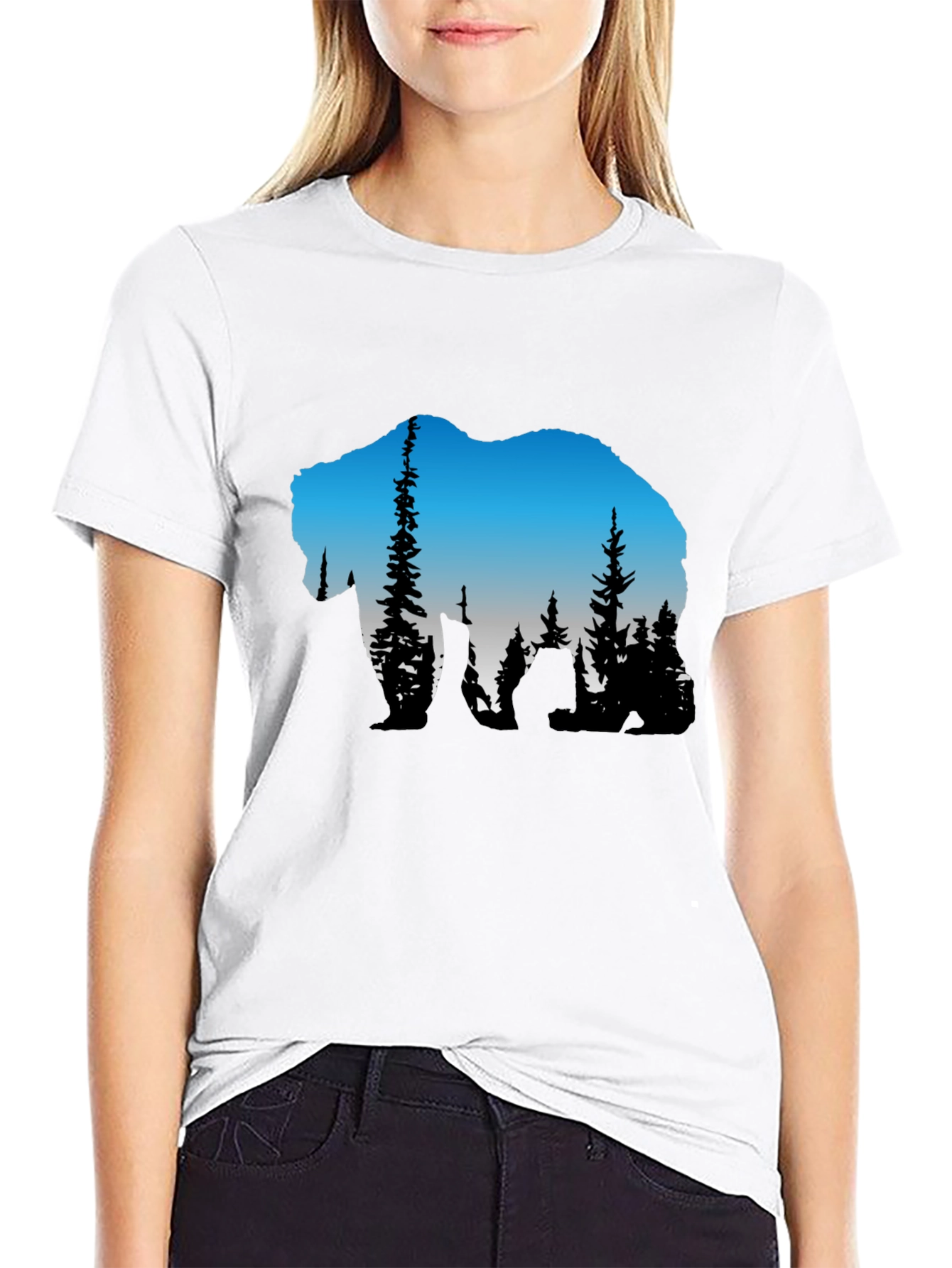 Bear Silhouette Forest Graphic Tee - Black