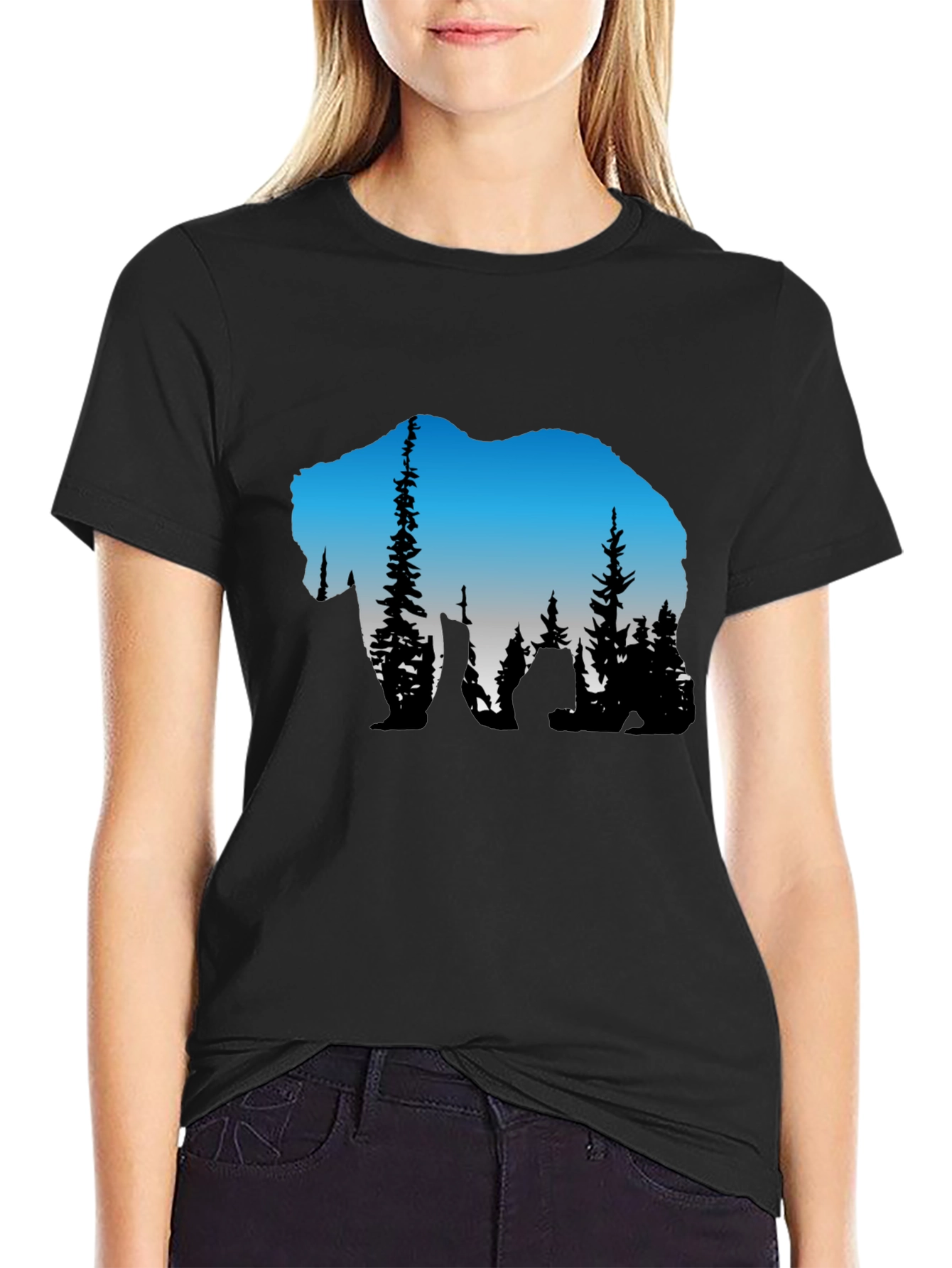 Bear Silhouette Forest Graphic Tee - Black