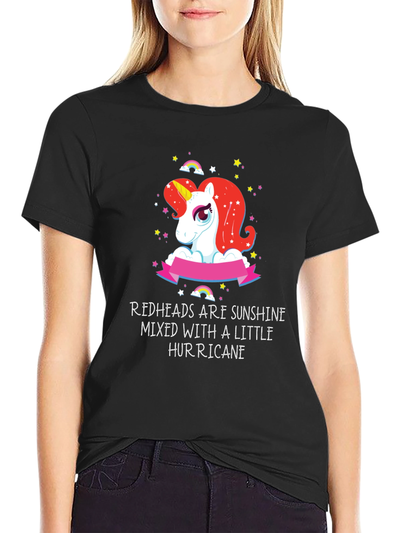 Redhead Sunshine Hurricane Unicorn Black T-Shirt