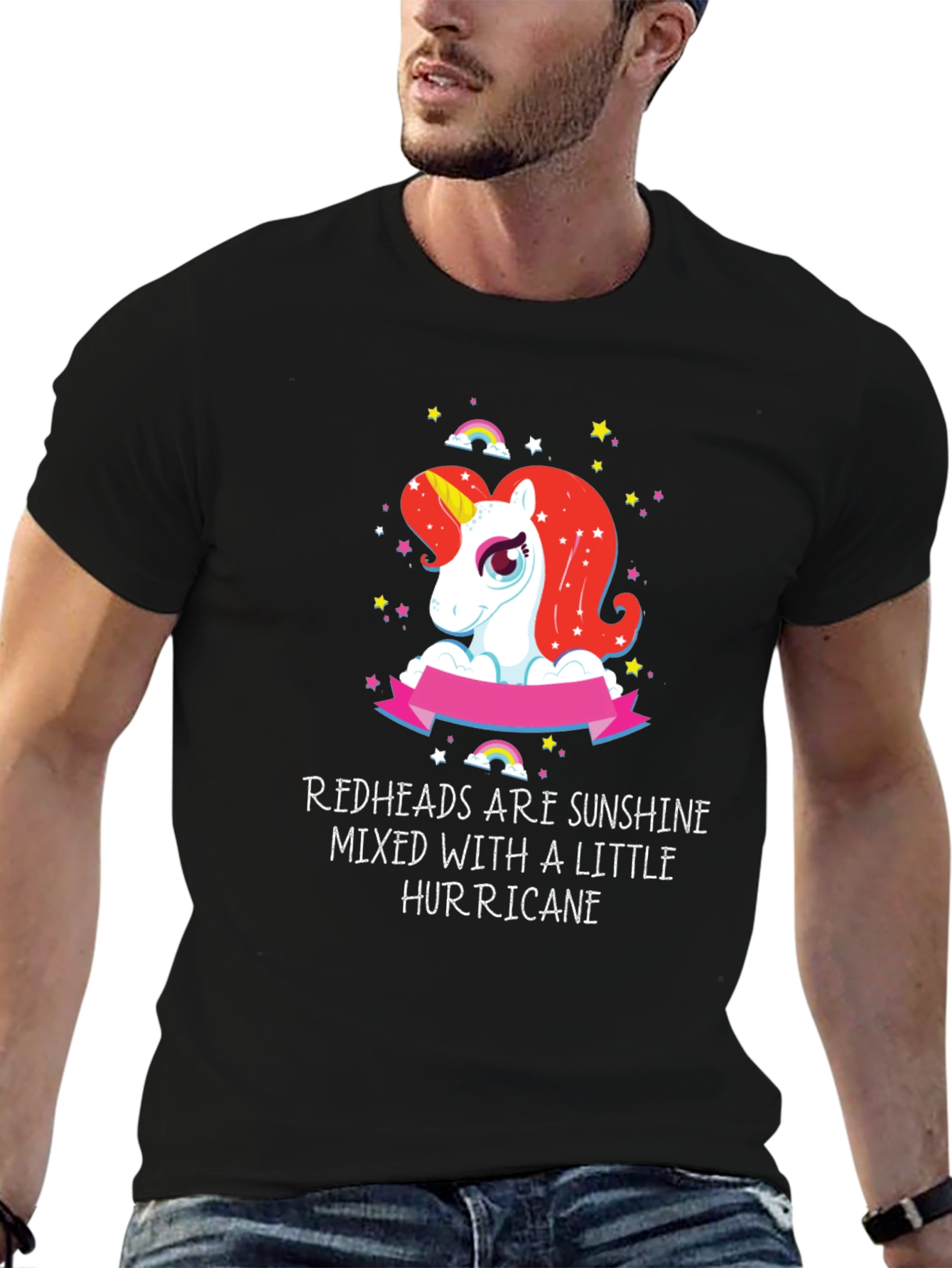 Redhead Sunshine Hurricane Unicorn Black T-Shirt
