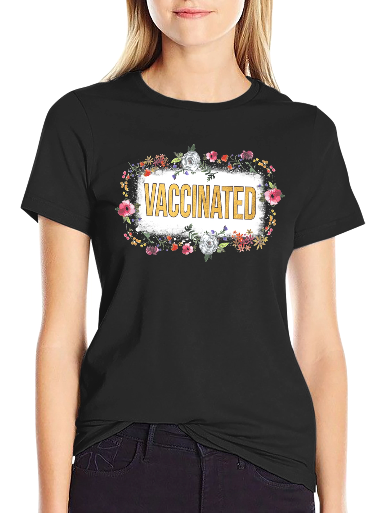 Vaccinated Floral T-Shirt - Black Crew Neck