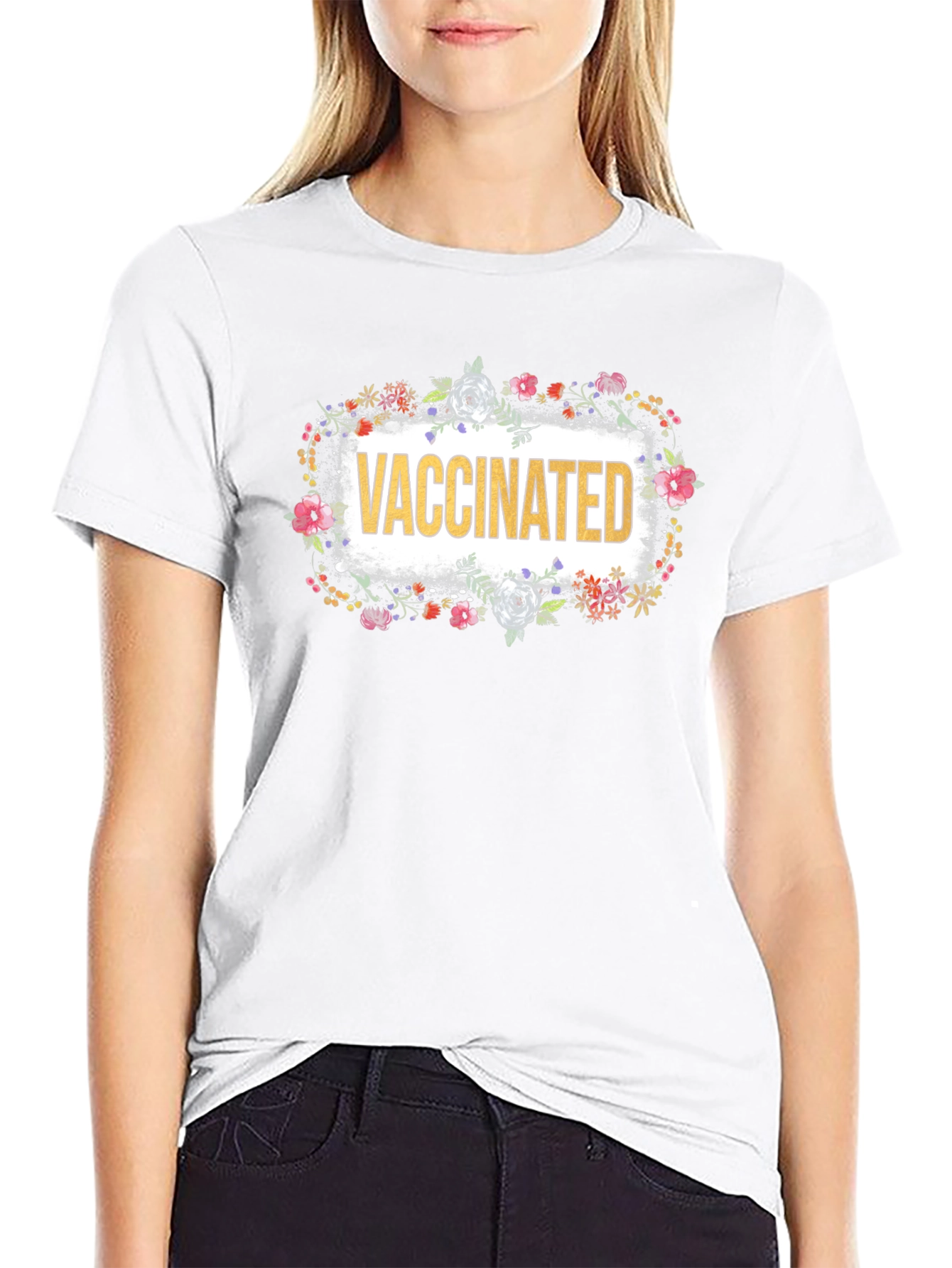 Vaccinated Floral T-Shirt - Black Crew Neck