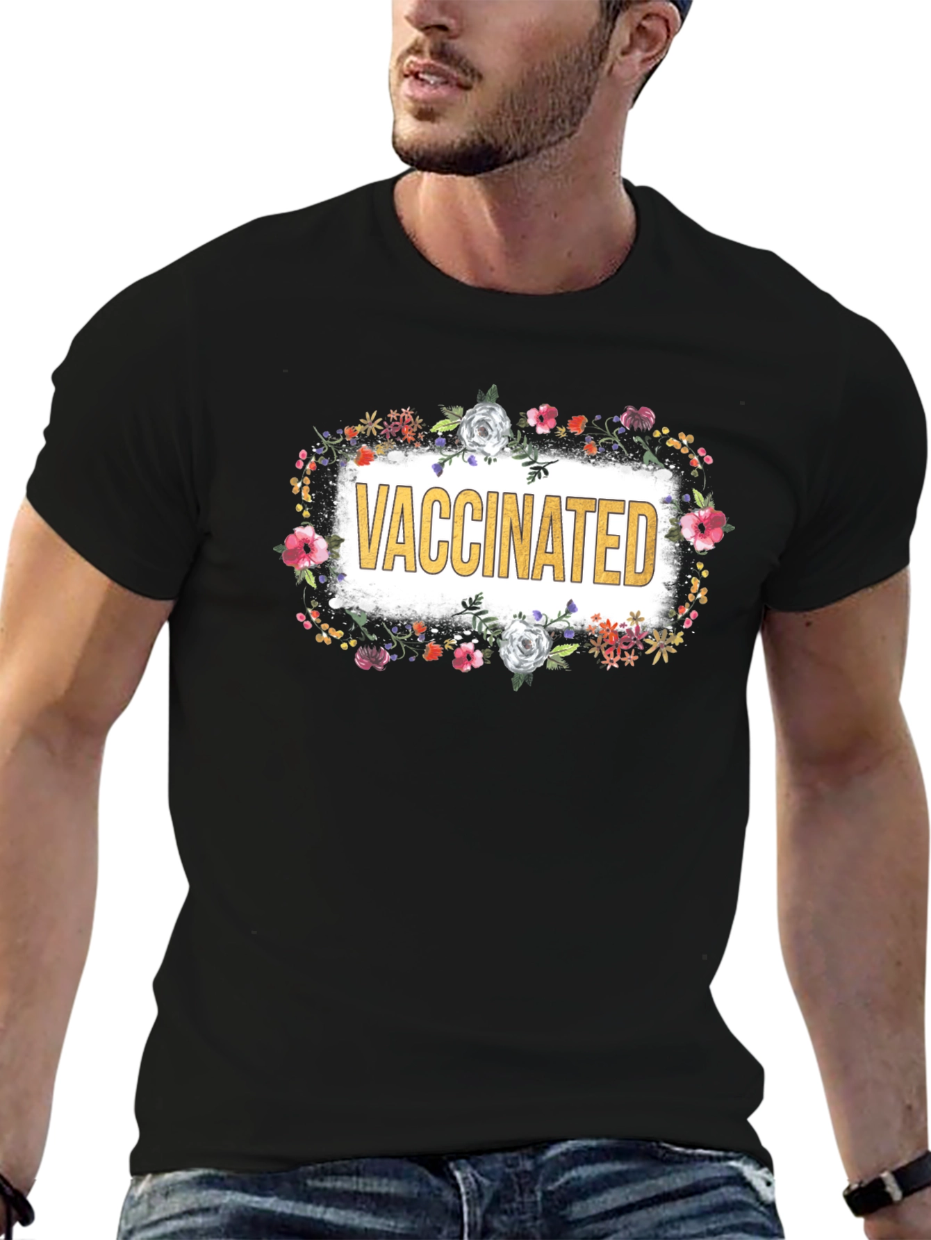Vaccinated Floral T-Shirt - Black Crew Neck