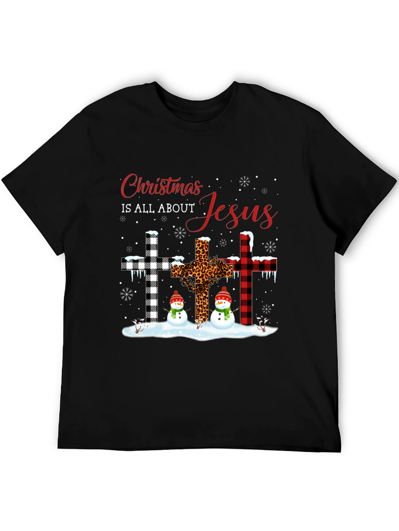 Christmas Jesus Crosses Snowmen Black T-Shirt