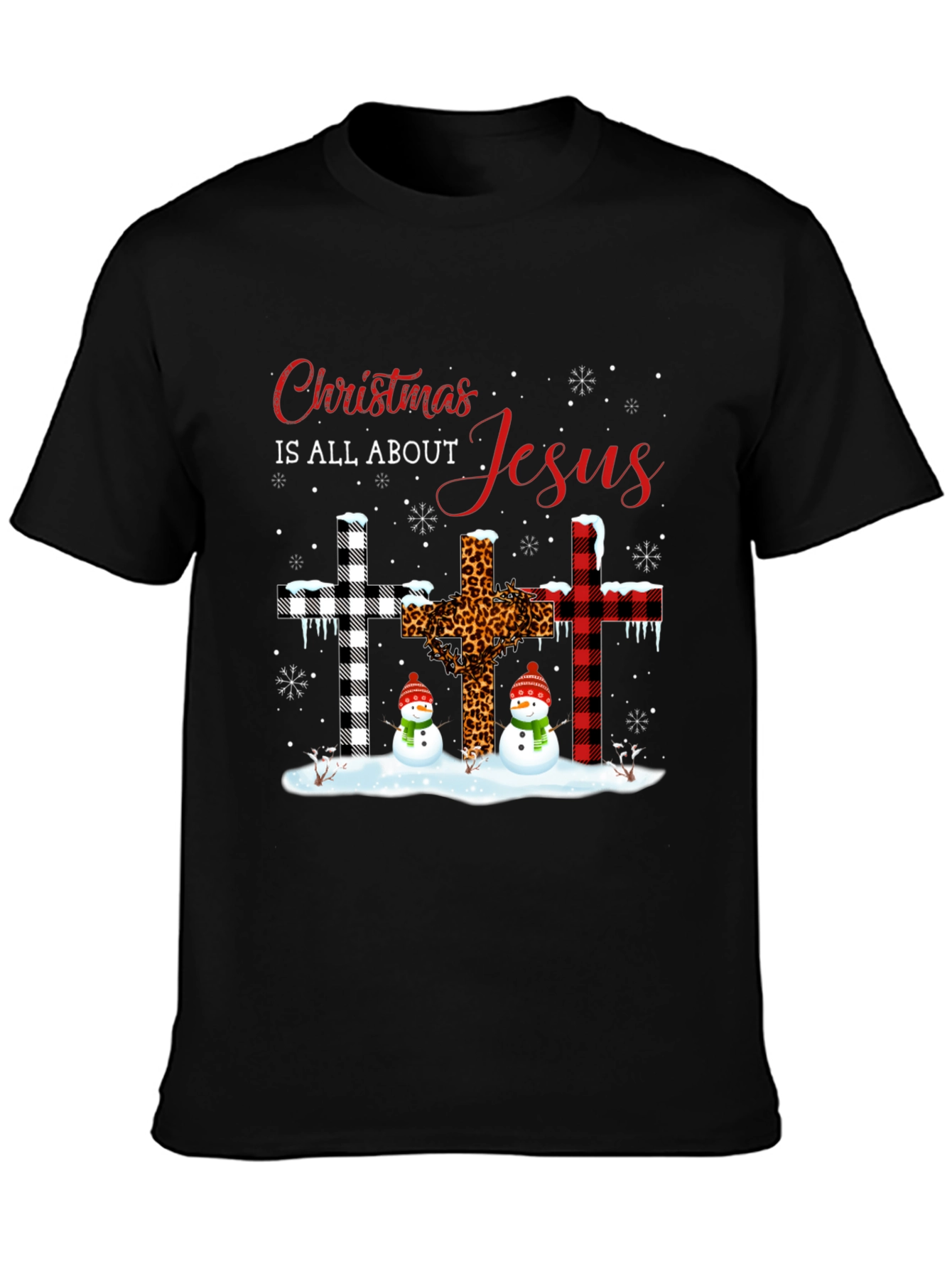 Christmas Jesus Crosses Snowmen Black T-Shirt
