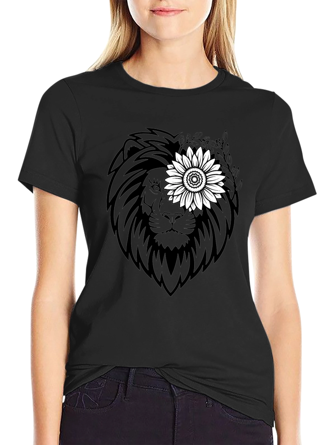 Lion Sunflower Graphic Tee - Black