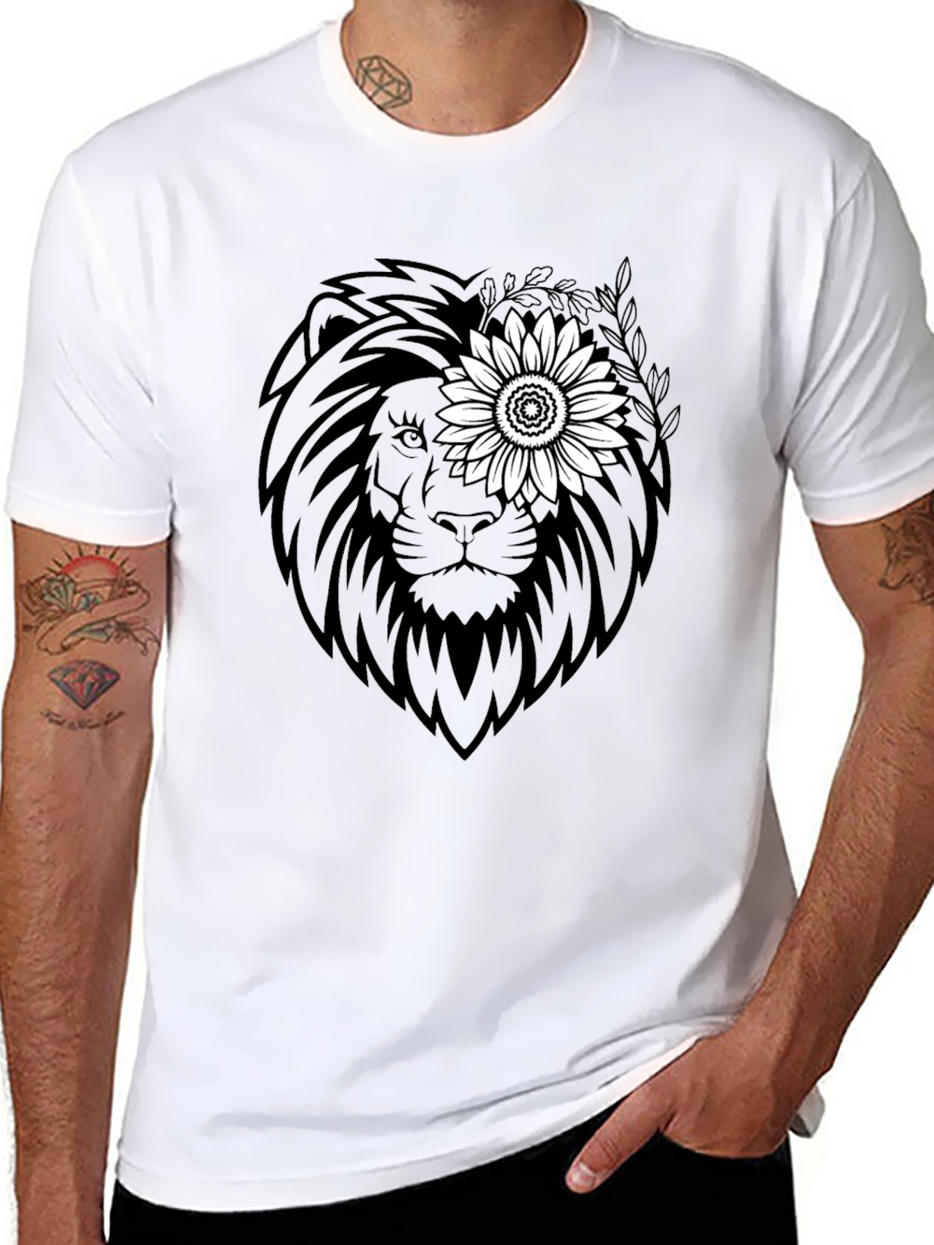 Lion Sunflower Graphic Tee - Black