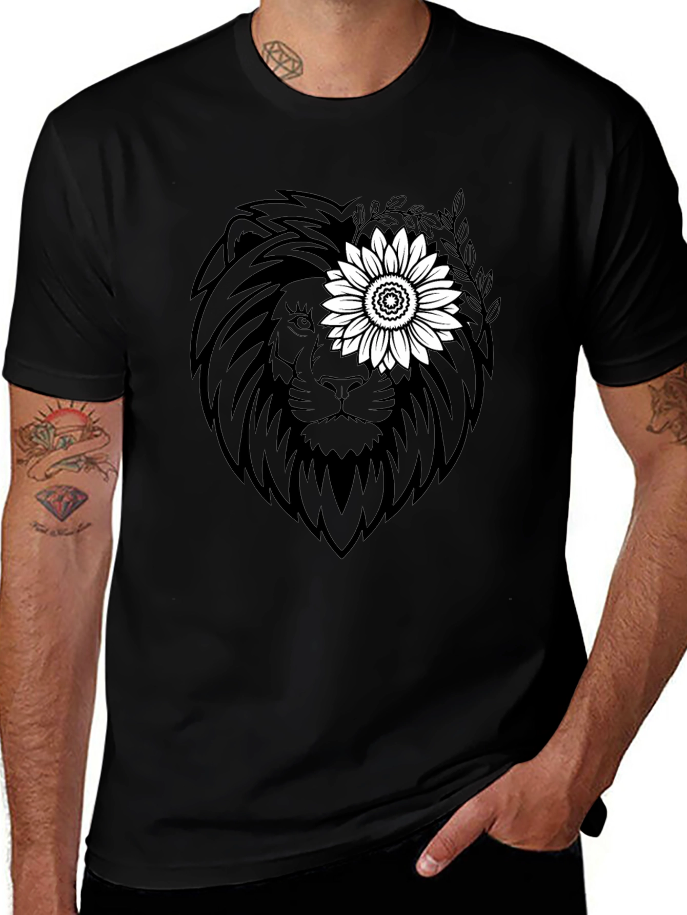Lion Sunflower Graphic Tee - Black