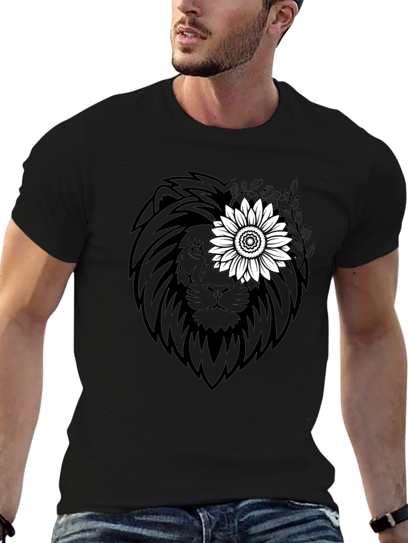 Lion Sunflower Graphic Tee - Black