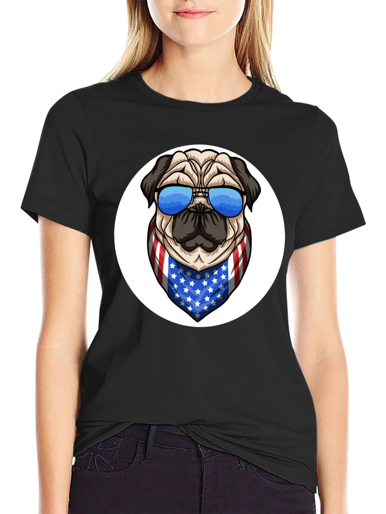 Patriotic Pug Graphic Tee - Black