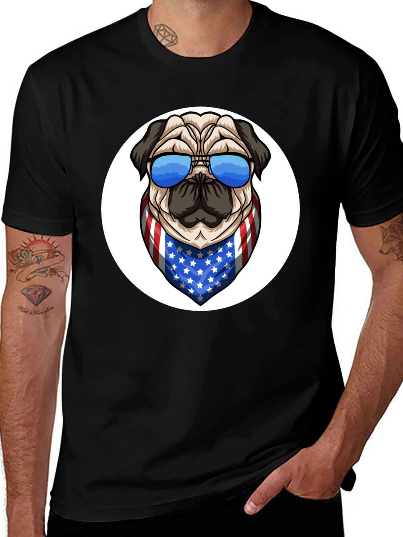 Patriotic Pug Graphic Tee - Black