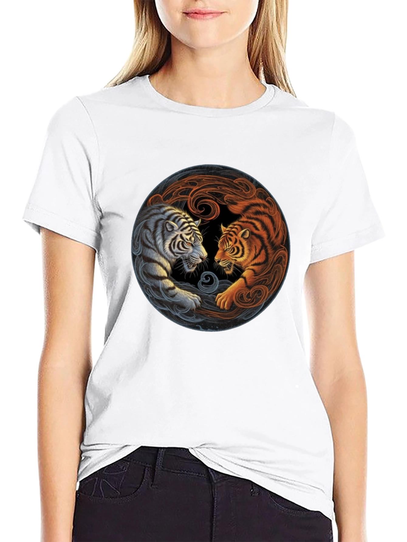 Yin Yang Tiger Graphic Tee - Black Cotton Blend