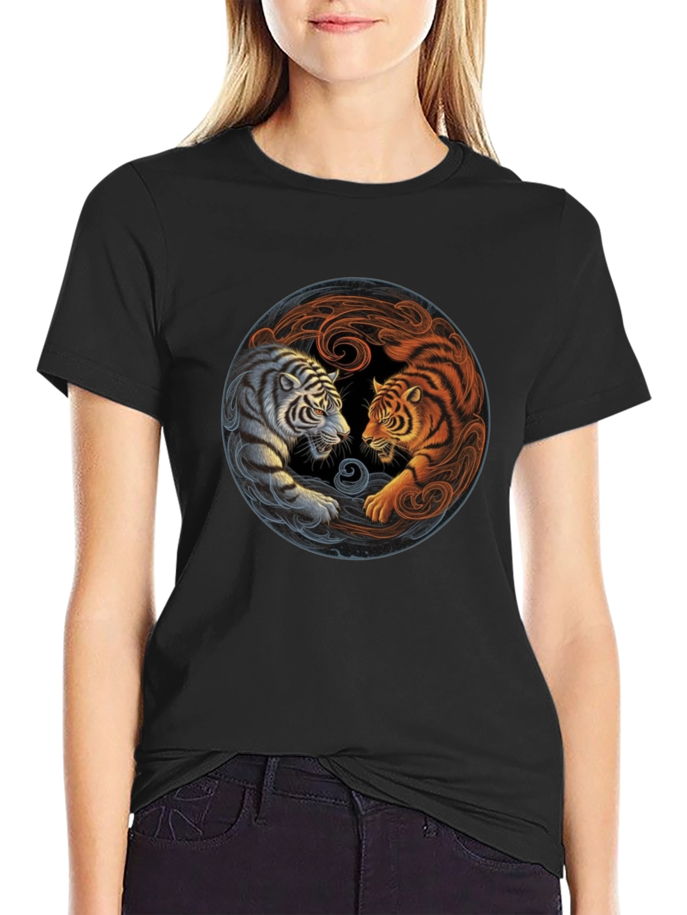 Yin Yang Tiger Graphic Tee - Black Cotton Blend