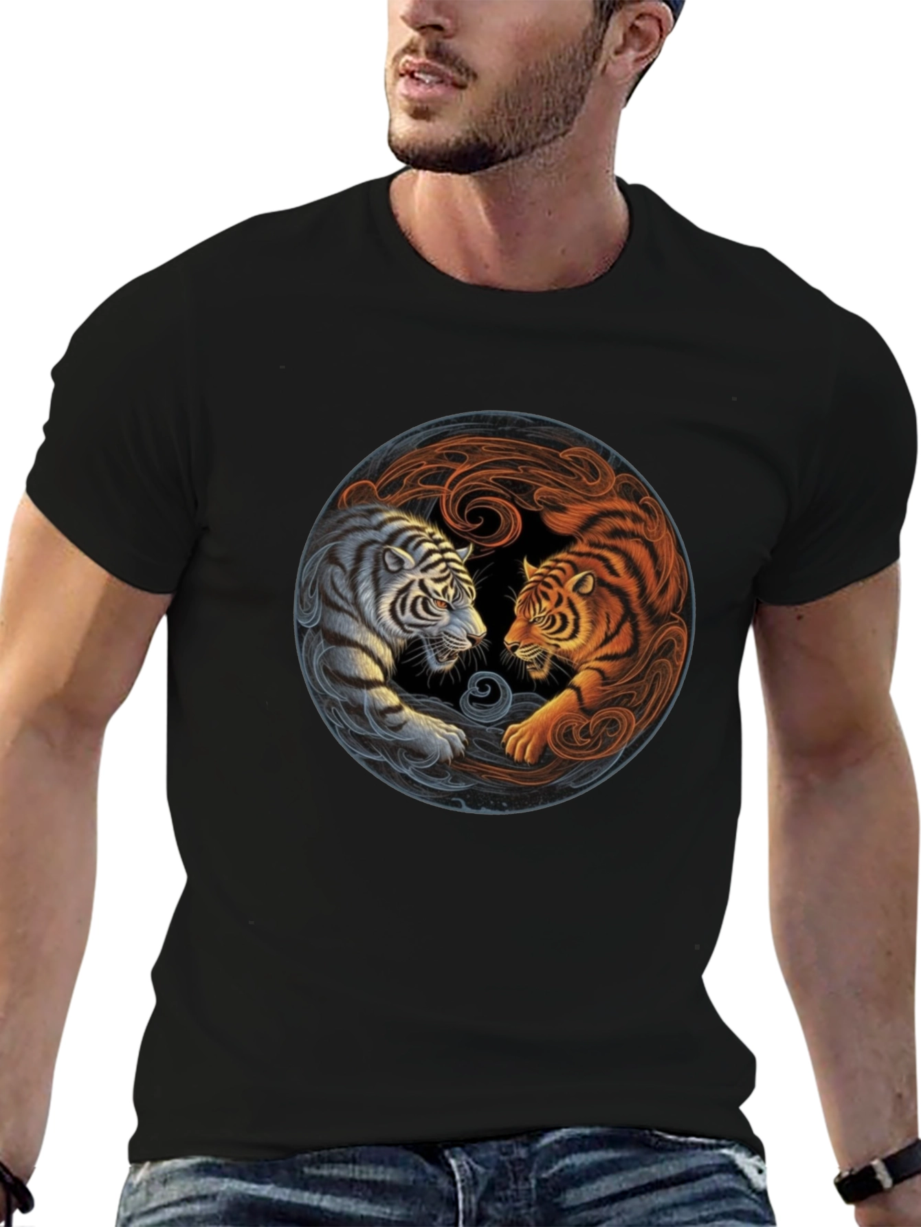 Yin Yang Tiger Graphic Tee - Black Cotton Blend