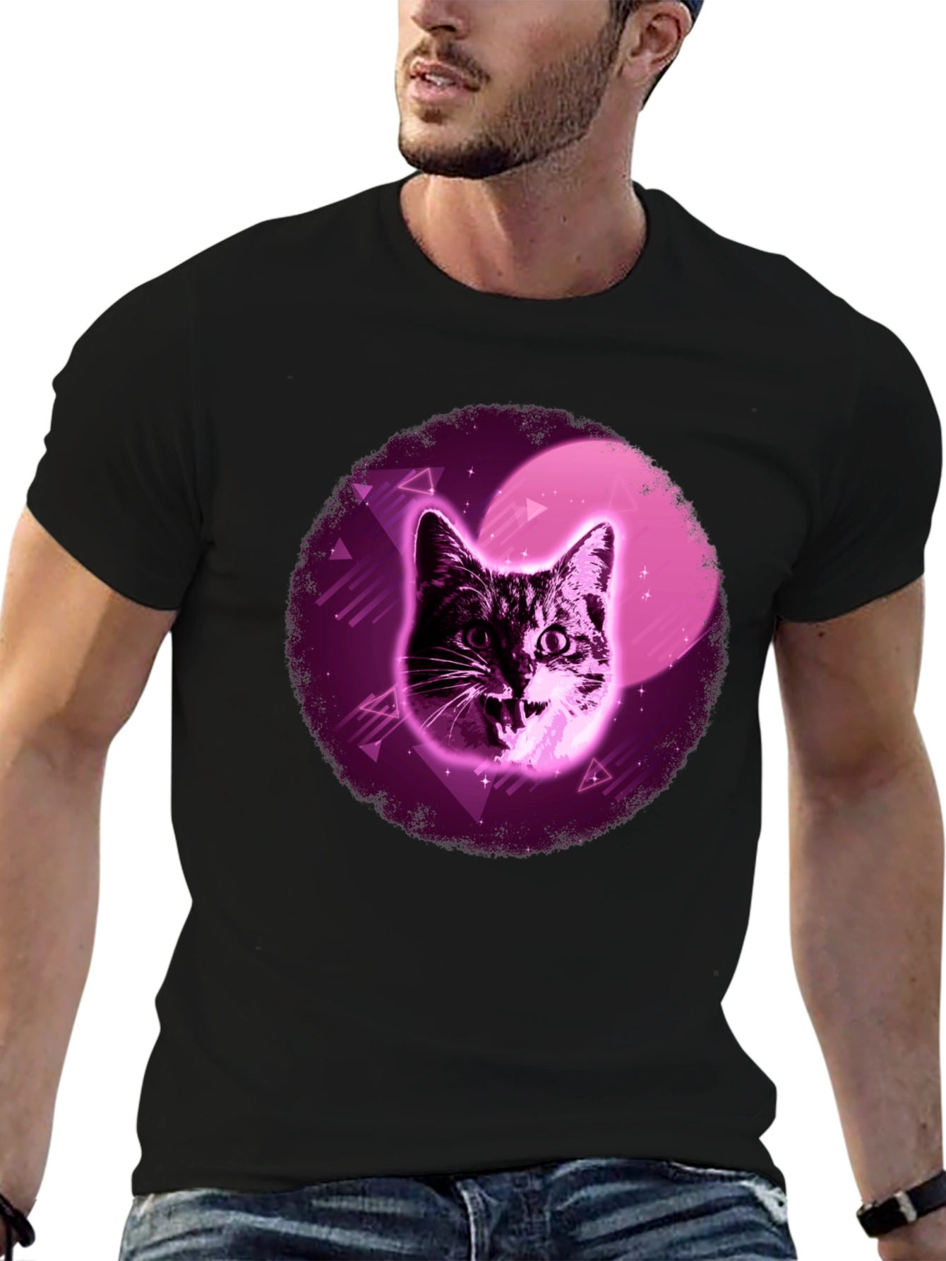Retro Cat T-Shirt - Black Cotton Blend